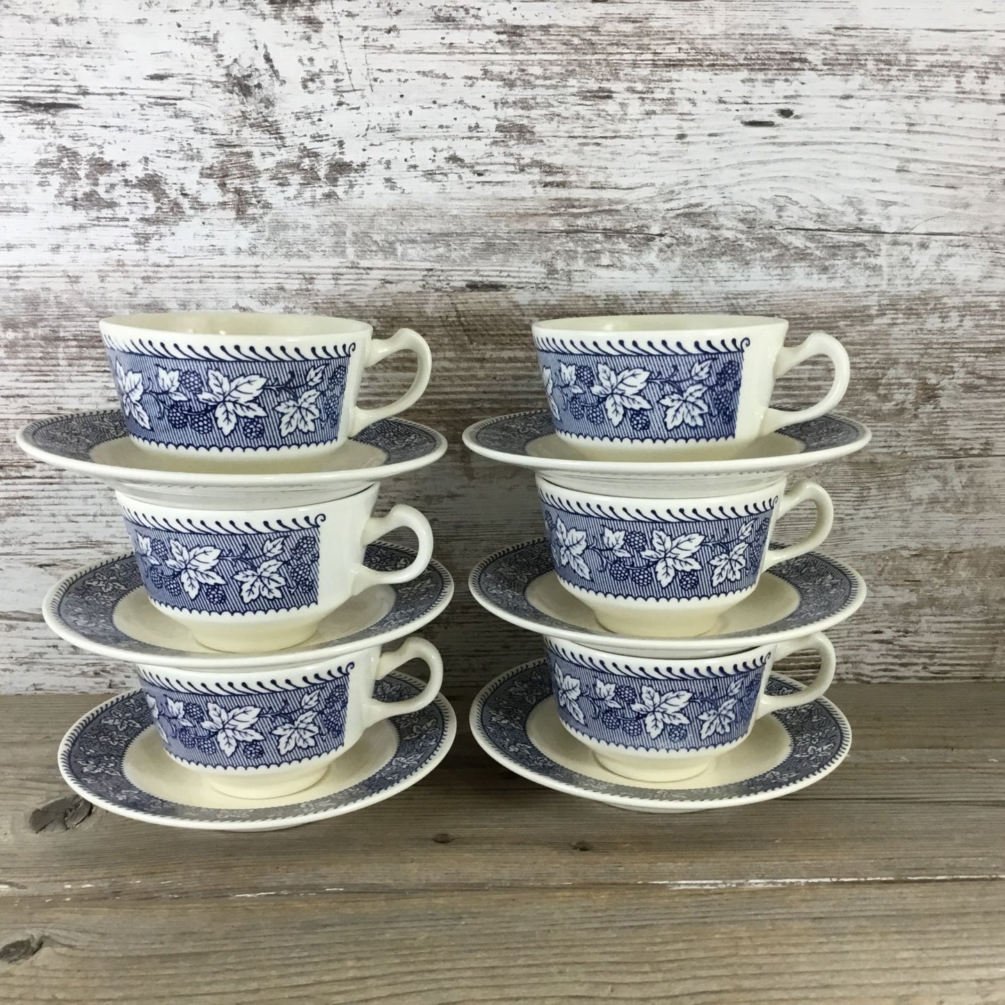 6 Sets Homer Laughlin Stratwood Collection Blue & White Floral Cups & Saucers