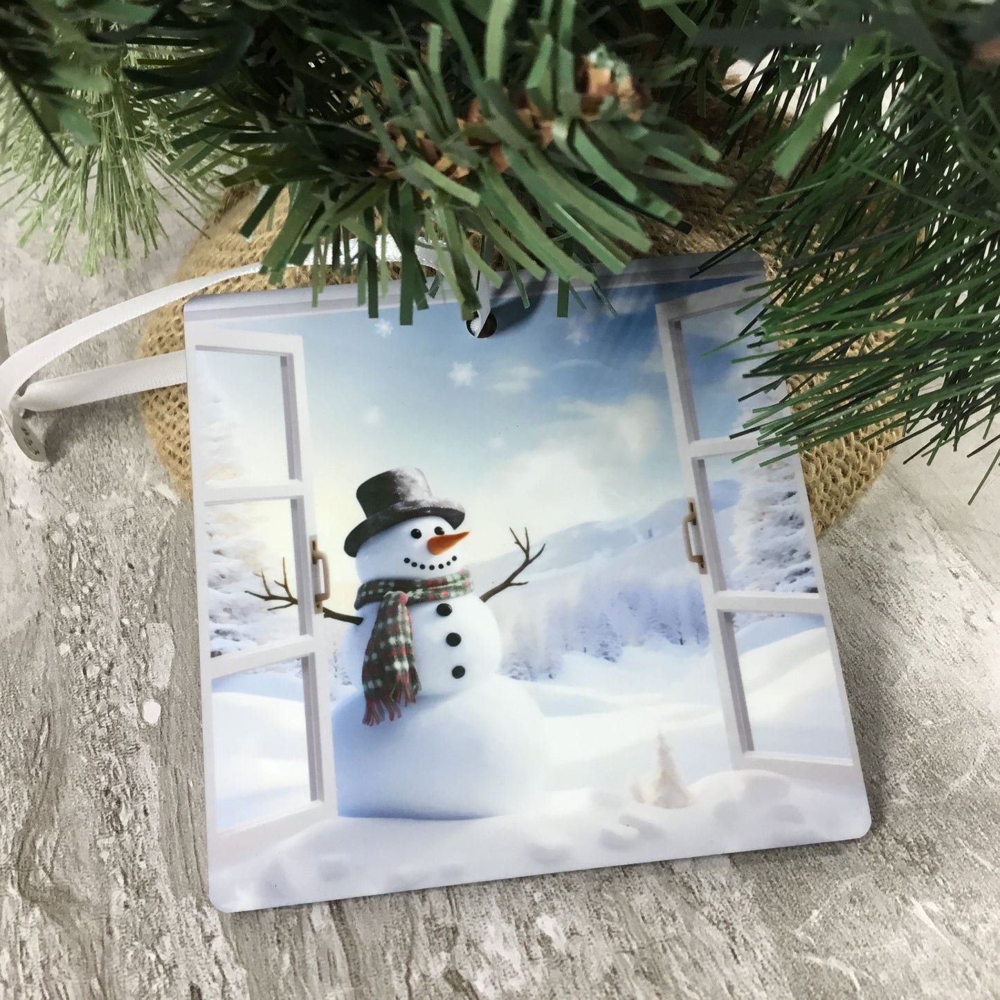 Snowman Window Scene Christmas Ornament Double-Sided 4" Square Winter Decor