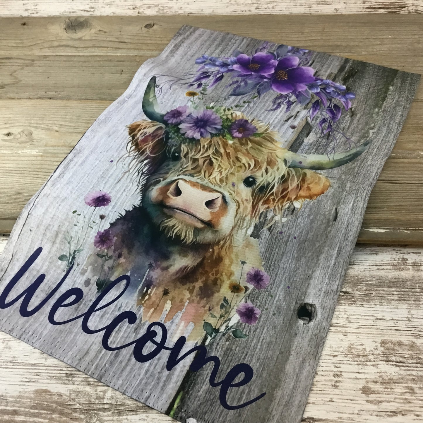 Welcome Highland Cow Purple Flowers Garden Flag