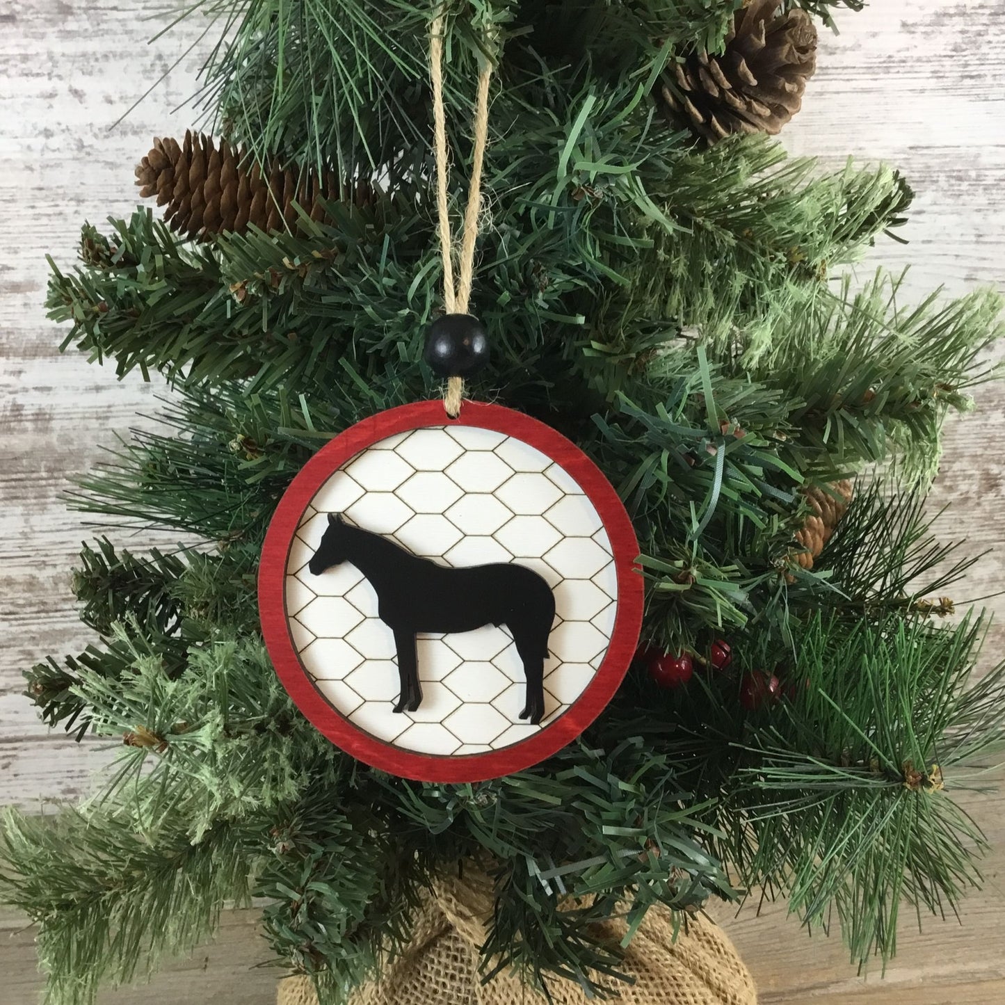 Horse Rustic Farm Christmas Ornament with Laser-Cut Chicken Wire Pattern