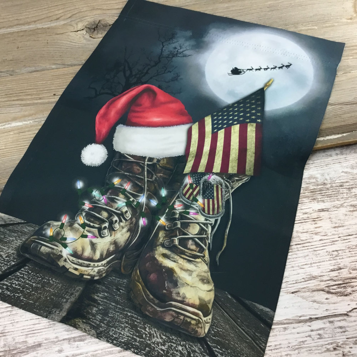 Christmas Military Boots Garden Flag - Honoring Heroes with Santa's Blessings