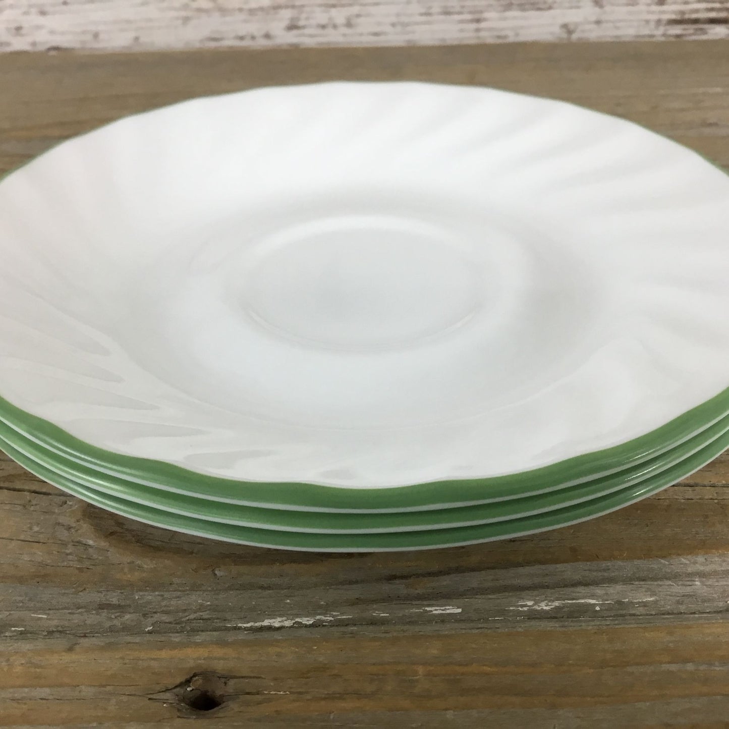 Set Of 3 Corelle Corning Chutney Swirl 6 1/4" Saucers With Green Rim