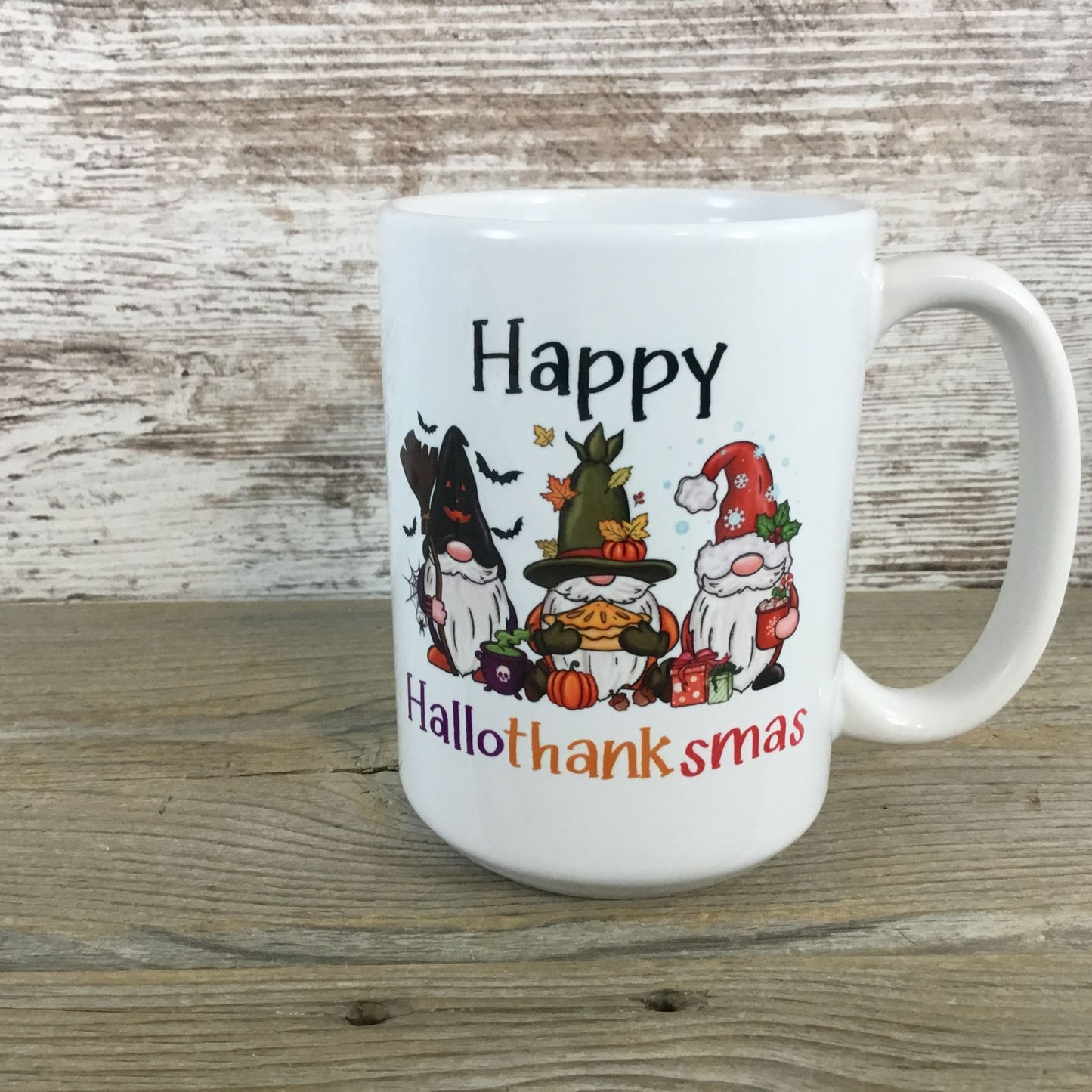 Happy HalloThanksMas Gnome Trio 15 oz Ceramic Mug Back view