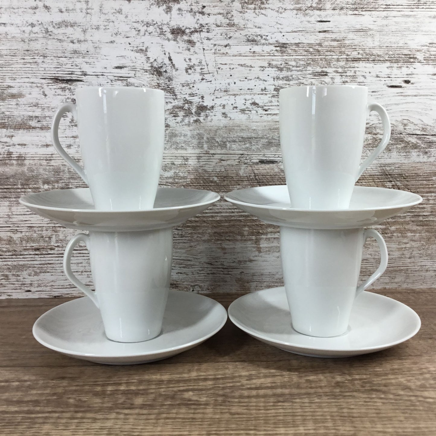 Mosa Select White Porcelain Coffee Mugs & Saucers Set of 4 Mid-Century Modern