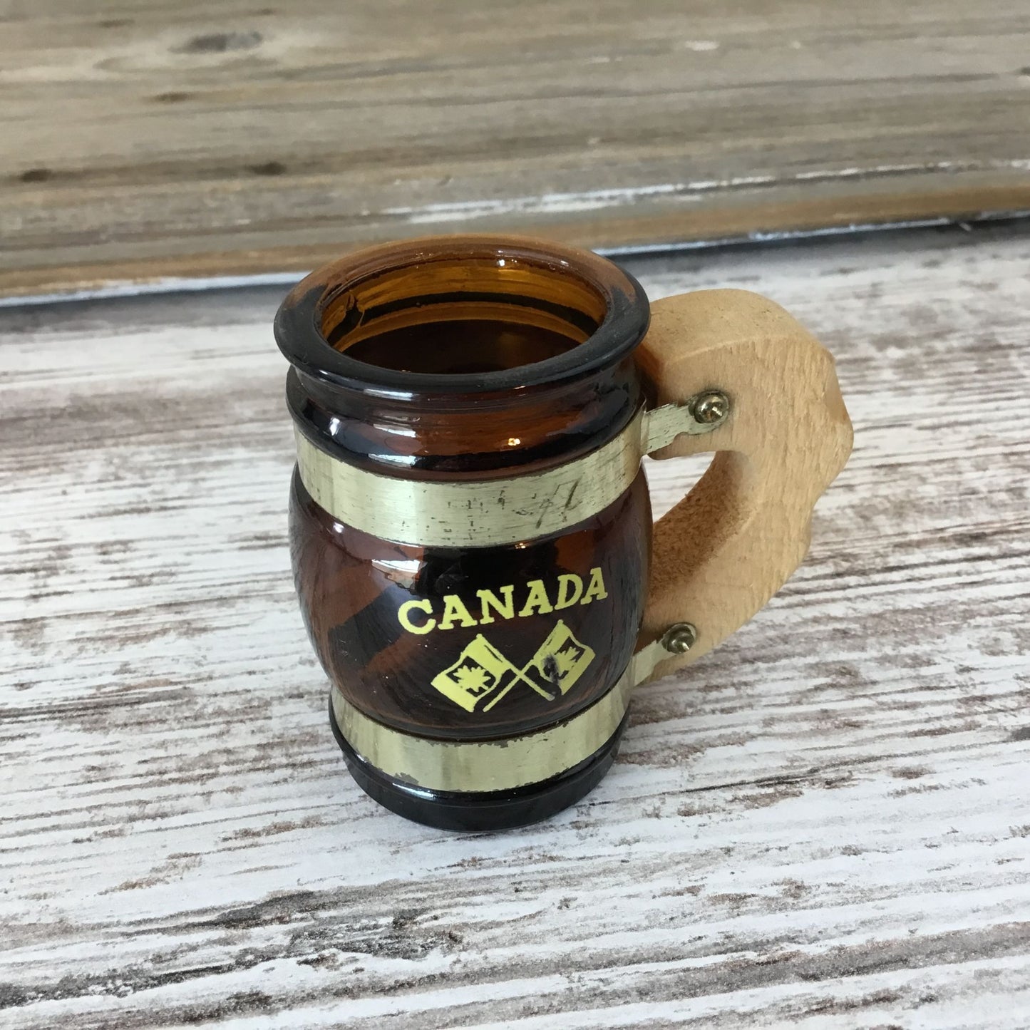 Vintage Brown Glass Canada Mini Mug Stein Shot Glass With Wooden Handle