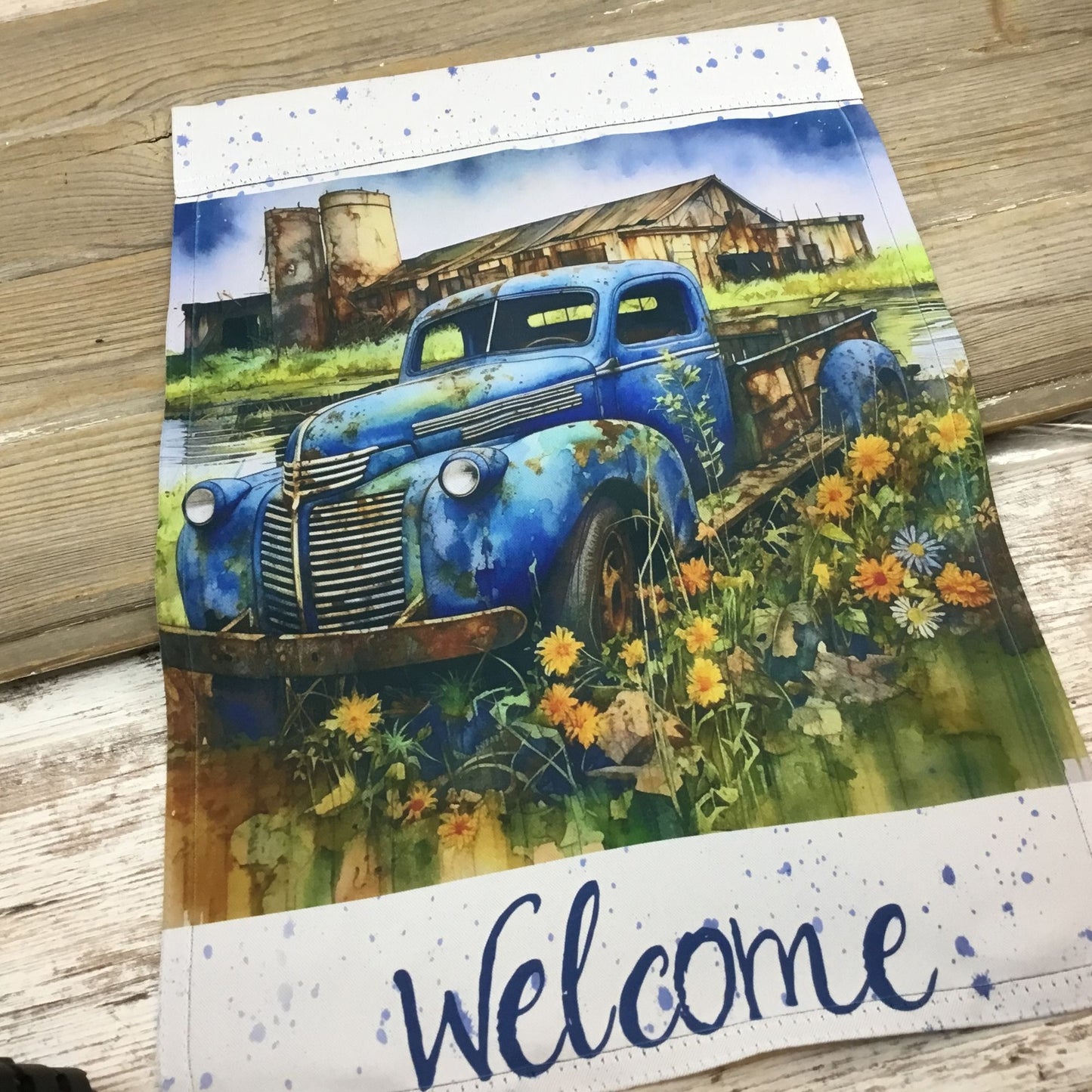 Vintage Blue Truck on the Farm Garden Flag
