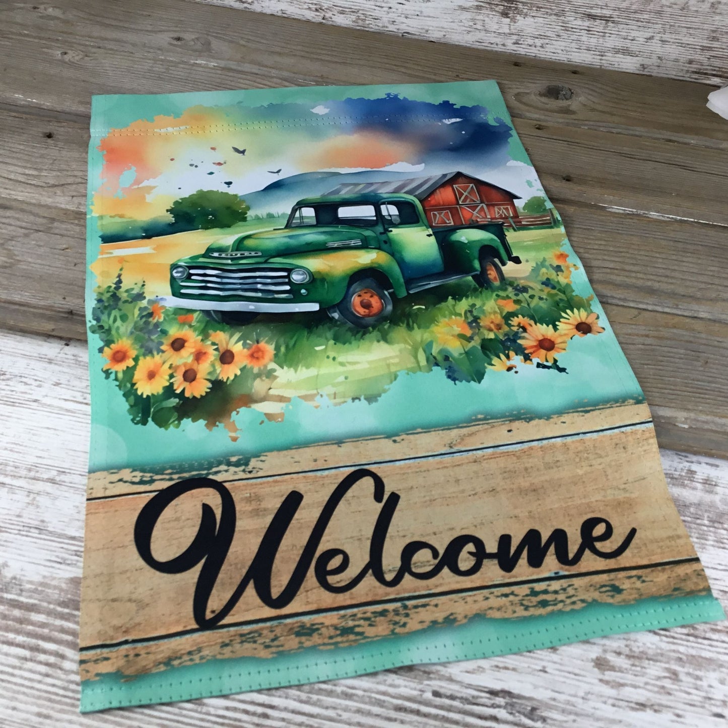 Vintage Style Welcome Garden Flag With Green Truck & Sunflowers