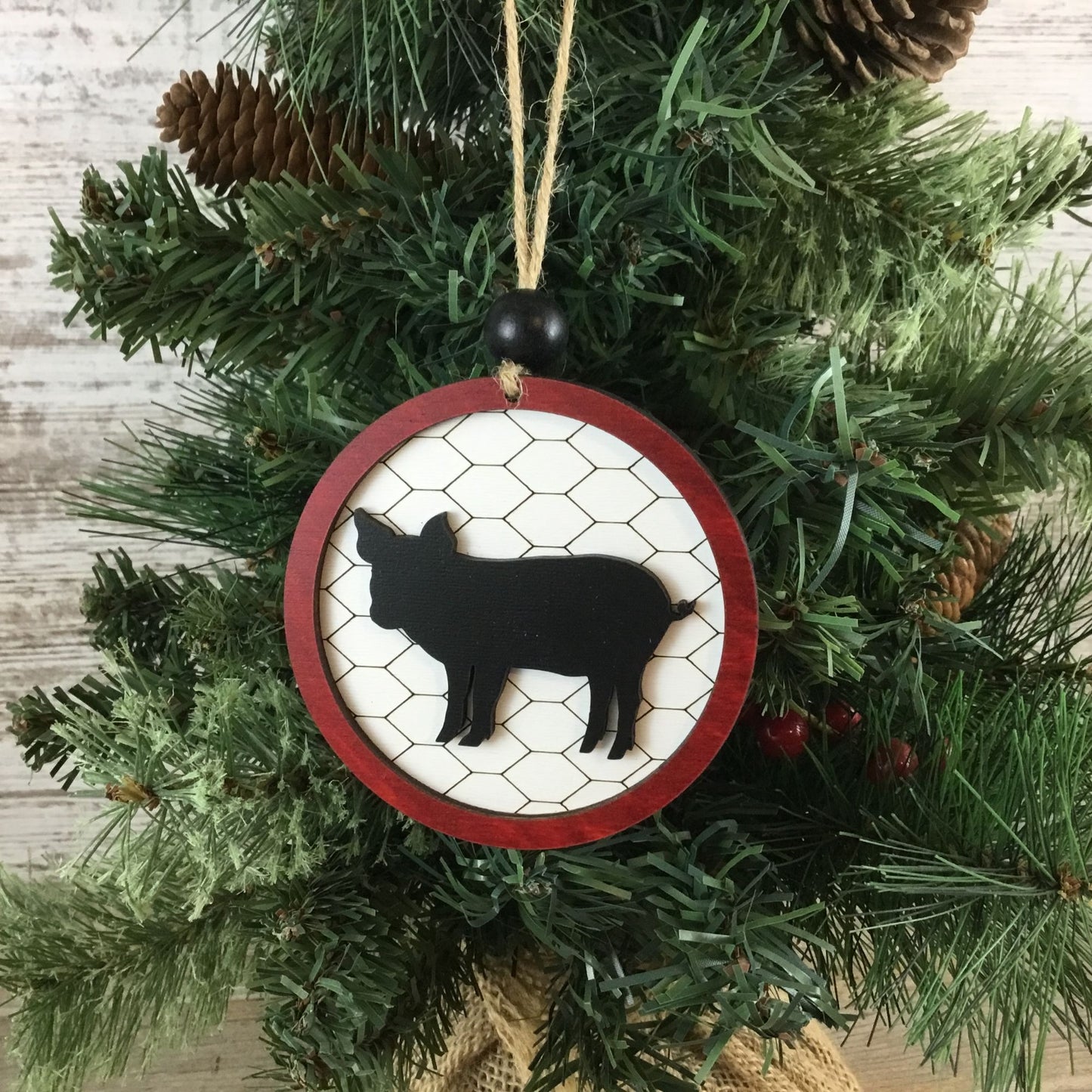 Pig Rustic Farm Christmas Ornament with Laser-Cut Chicken Wire Pattern