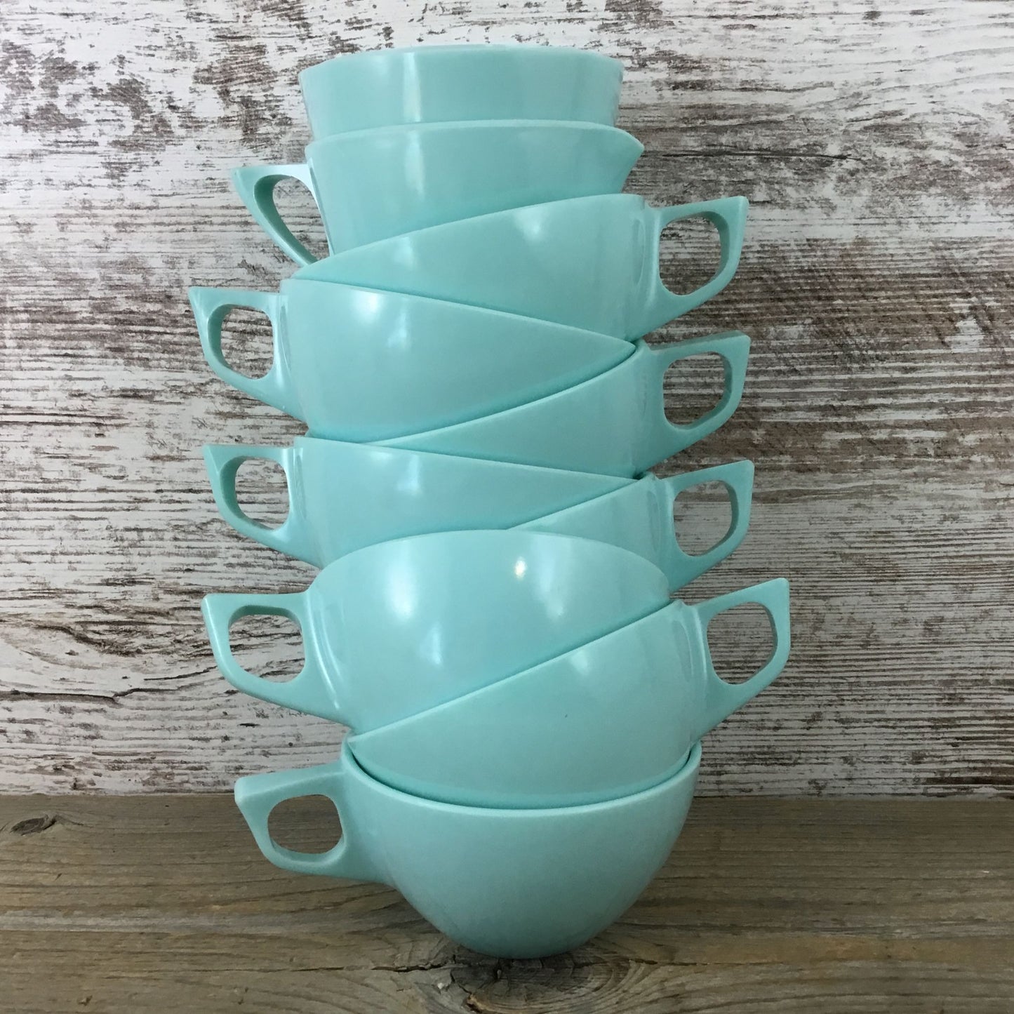 8 Coffee Cups Sun Valley Melmac Aqua Turquoise & Creamer Sugar Bowl Lid Vintage