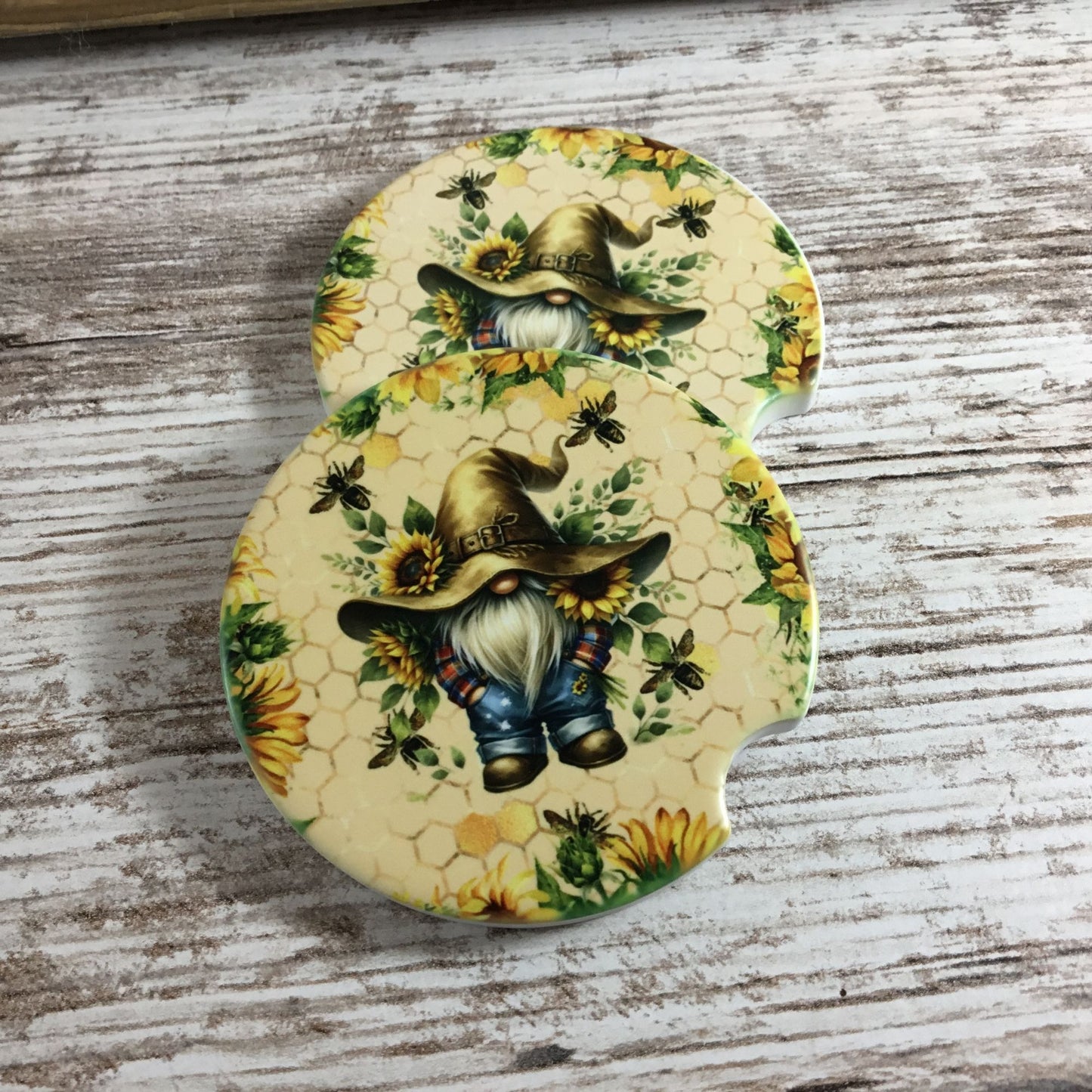 Gnome Sunflowers & Bee Design Set of 2 Sandstone Car Coasters