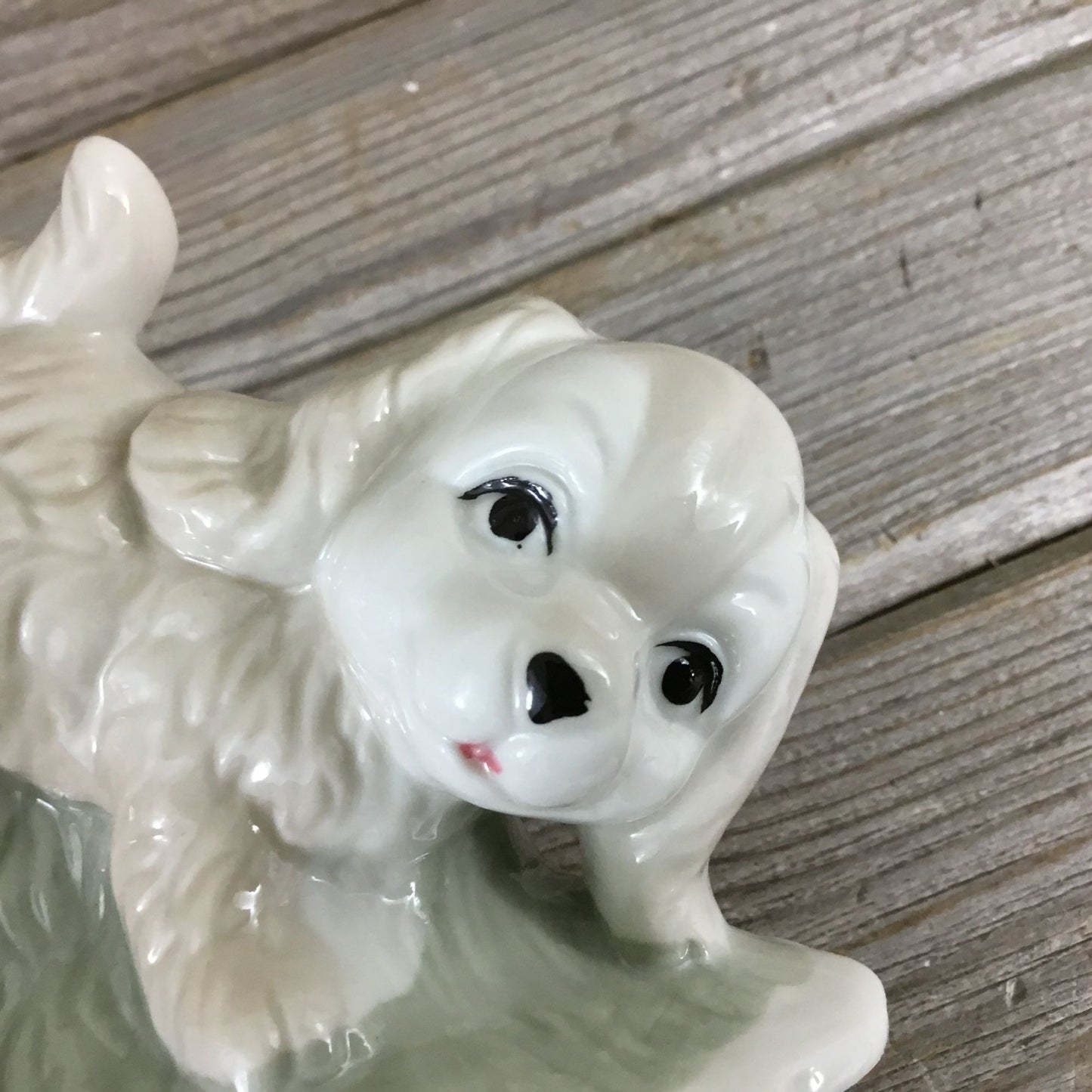 Playful Puppy Ceramic Figurine With Ball White & Blue 4" Tall