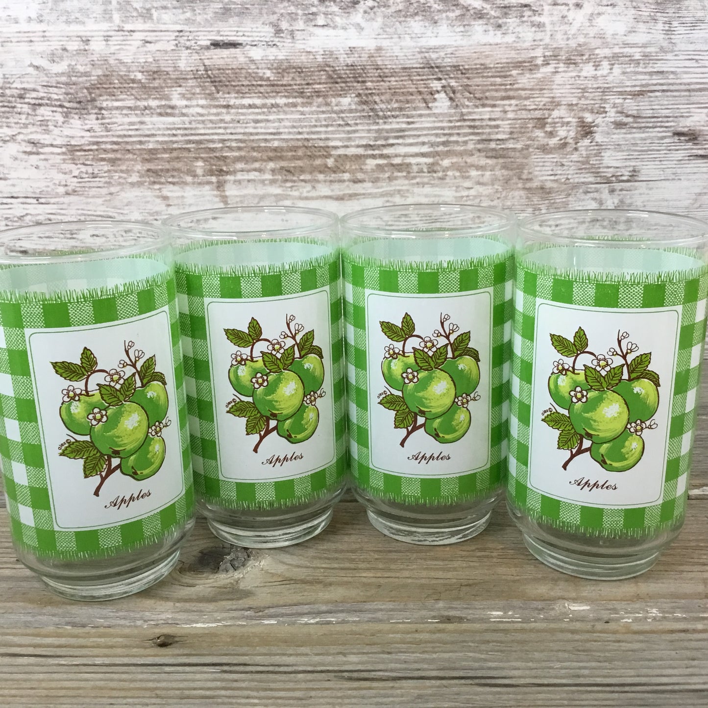 Set of 4 Vintage 1970’s Libbey Green Apple Plaid Pattern Gingham Drinking Glass