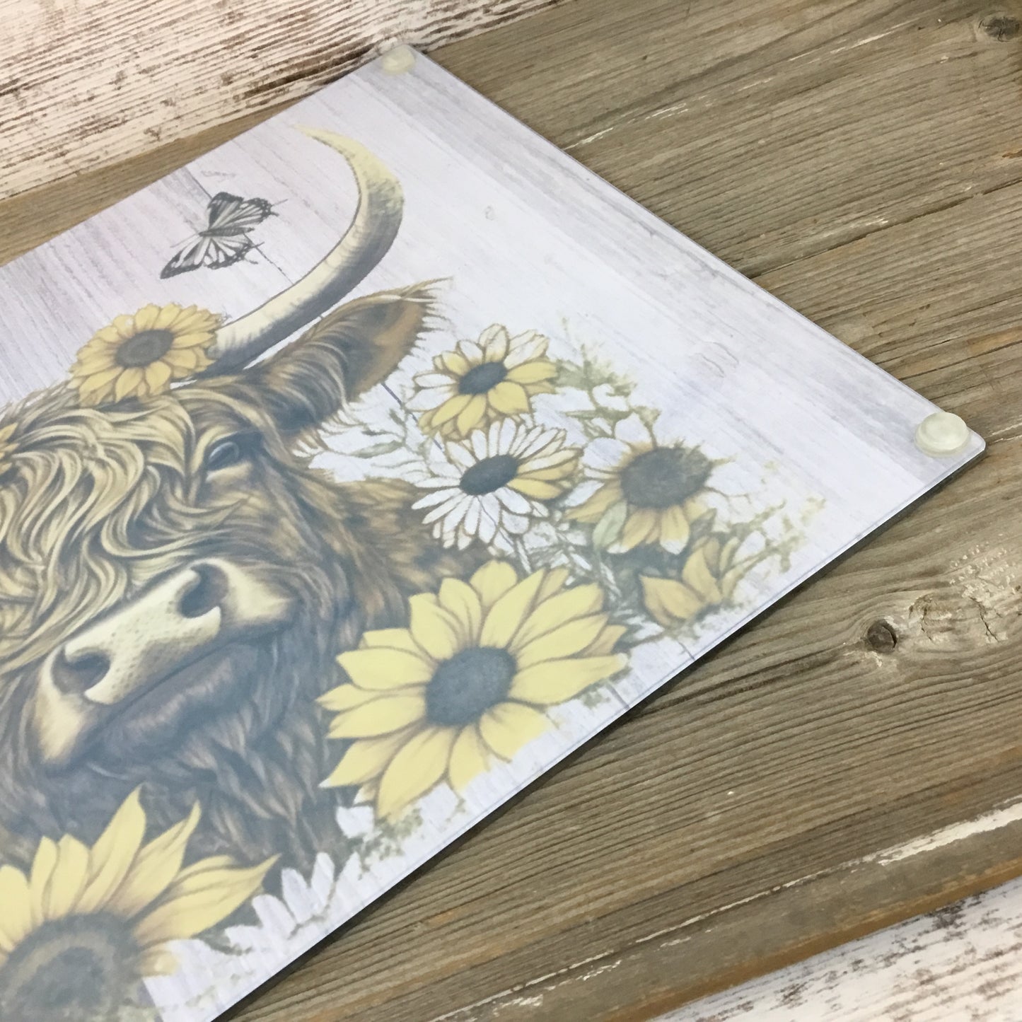 Highland Cow Sunflowers and Butterflies Glass Cutting Board