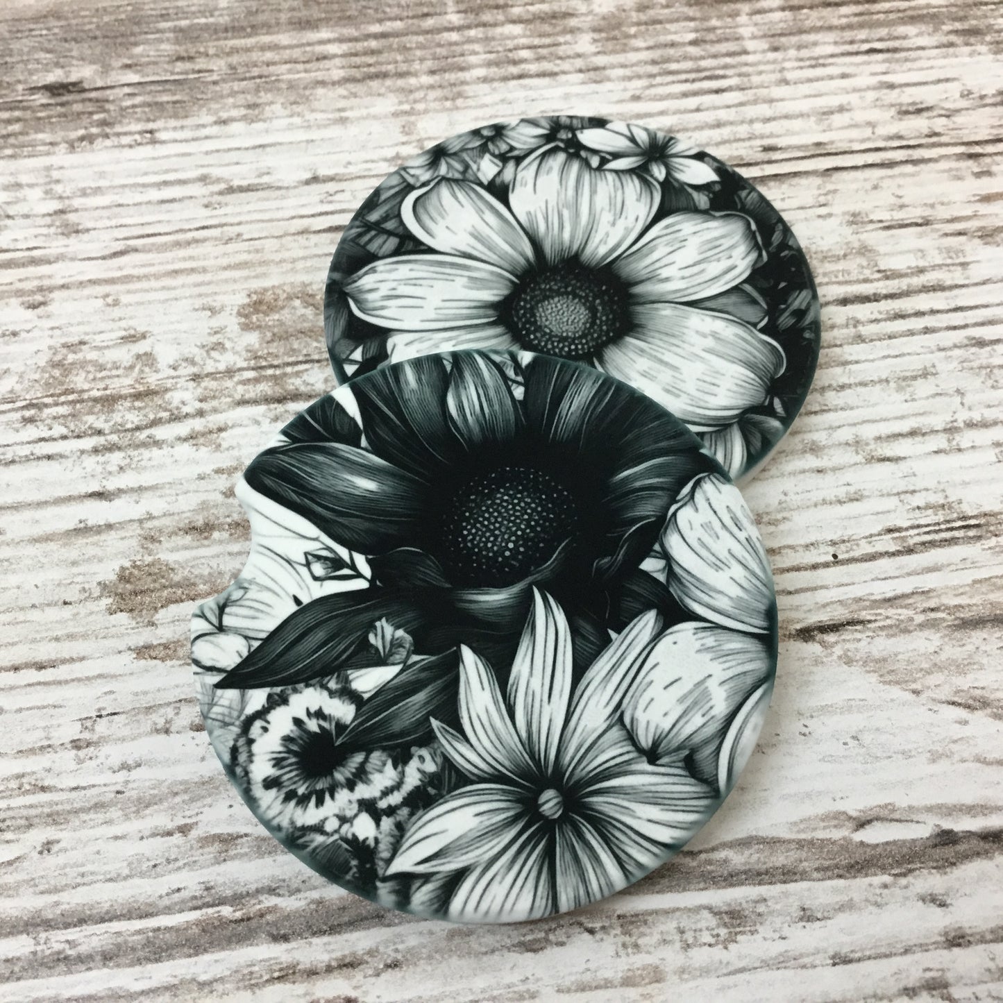 Black & White Boho Floral Sandstone Car Coasters