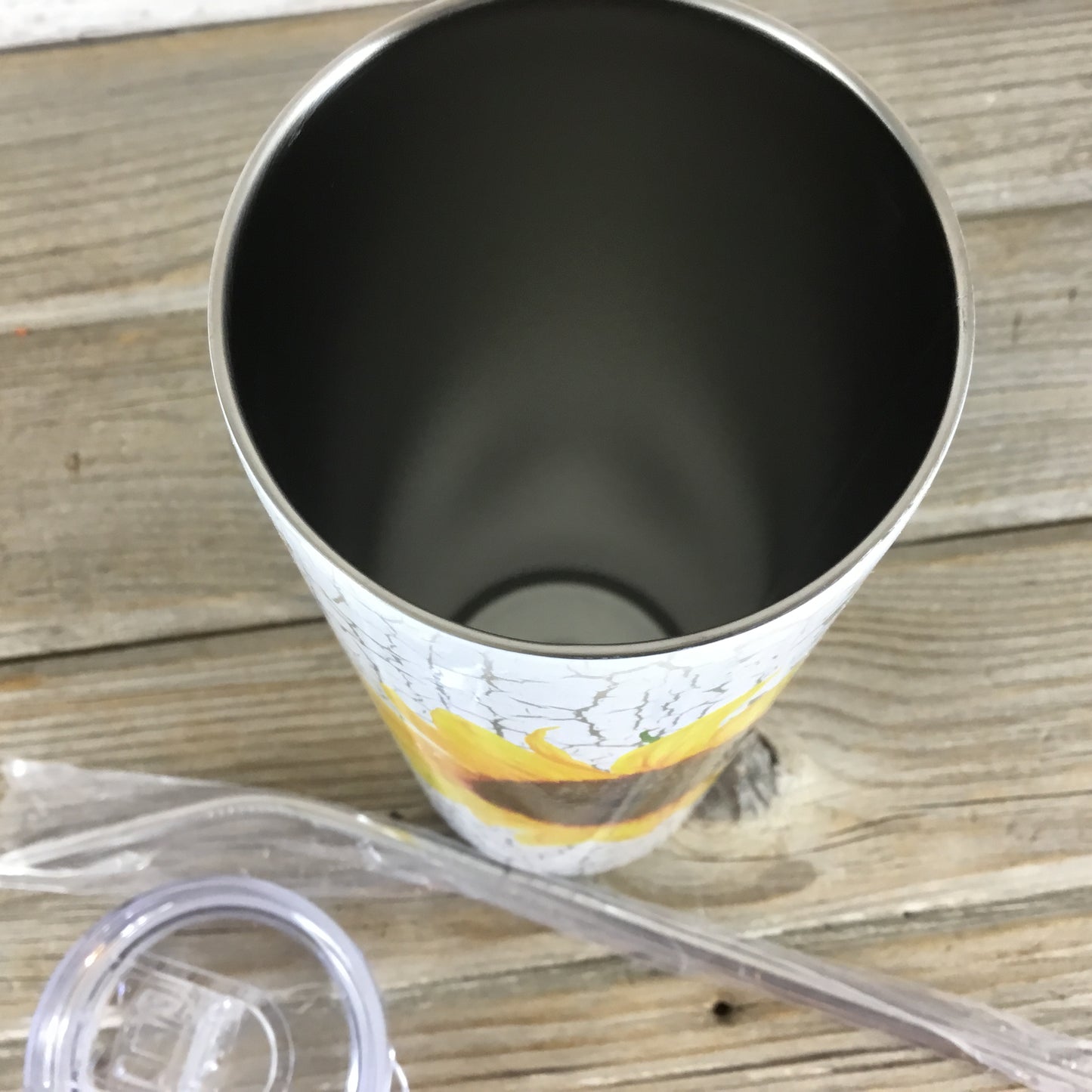 Rustic Crackle Sunflower 20 oz Skinny Tumbler with Lid and Straw
