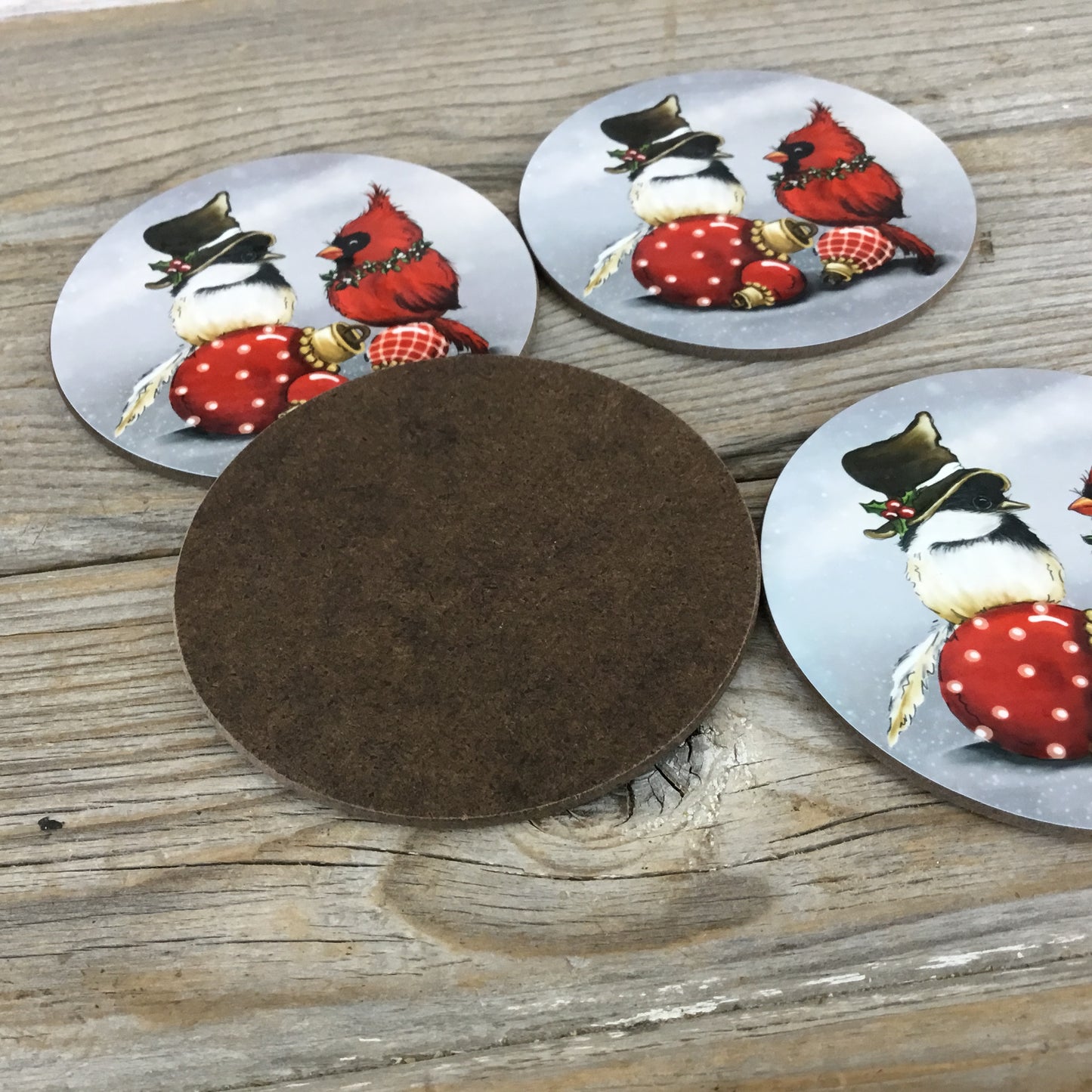 Christmas Cardinal and Sparrow Coasters Set of 4, Round Hardboard Coasters