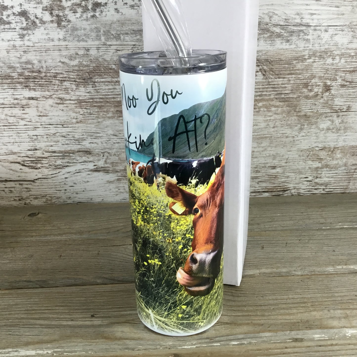 Moo You Looking At? Brown Cow 20 oz Skinny Tumbler with Straw & Lid