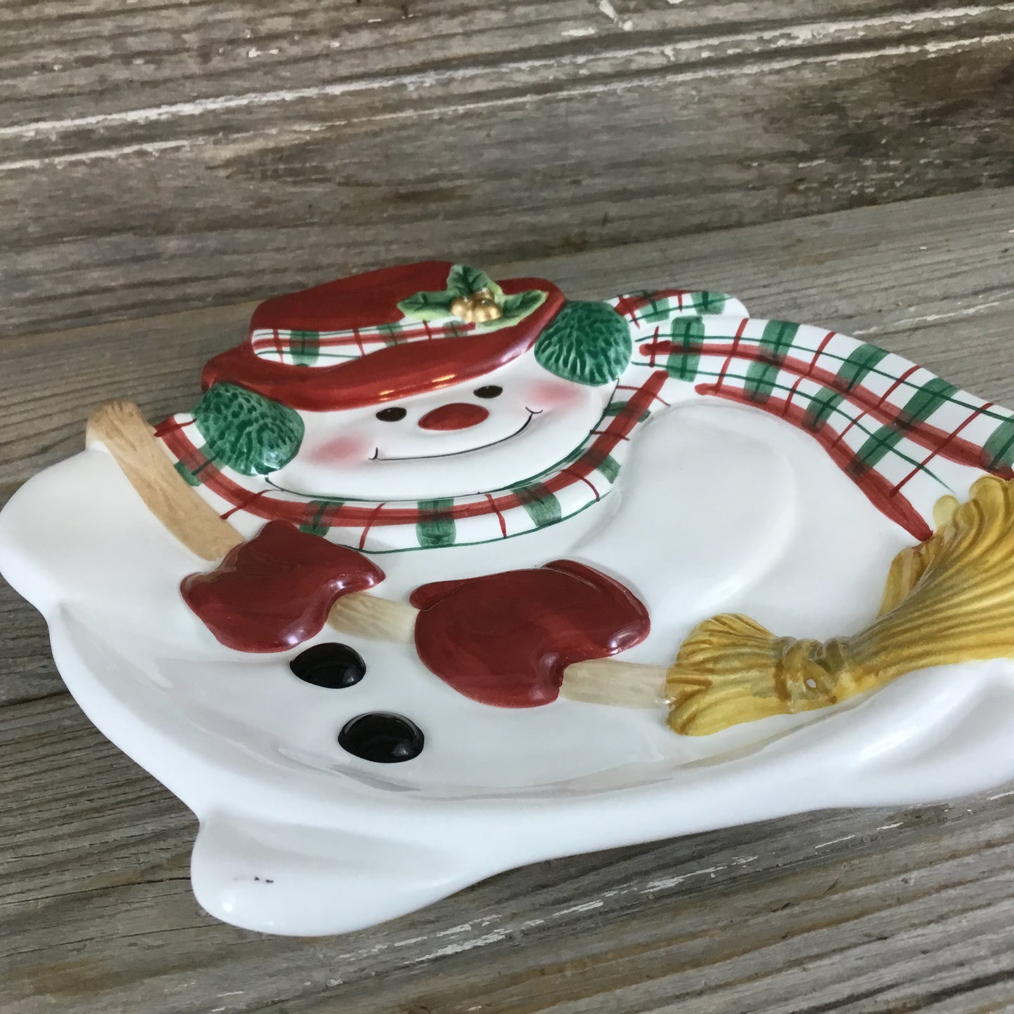 Fitz & Floyd Plaid Christmas Snowman Canape Plate