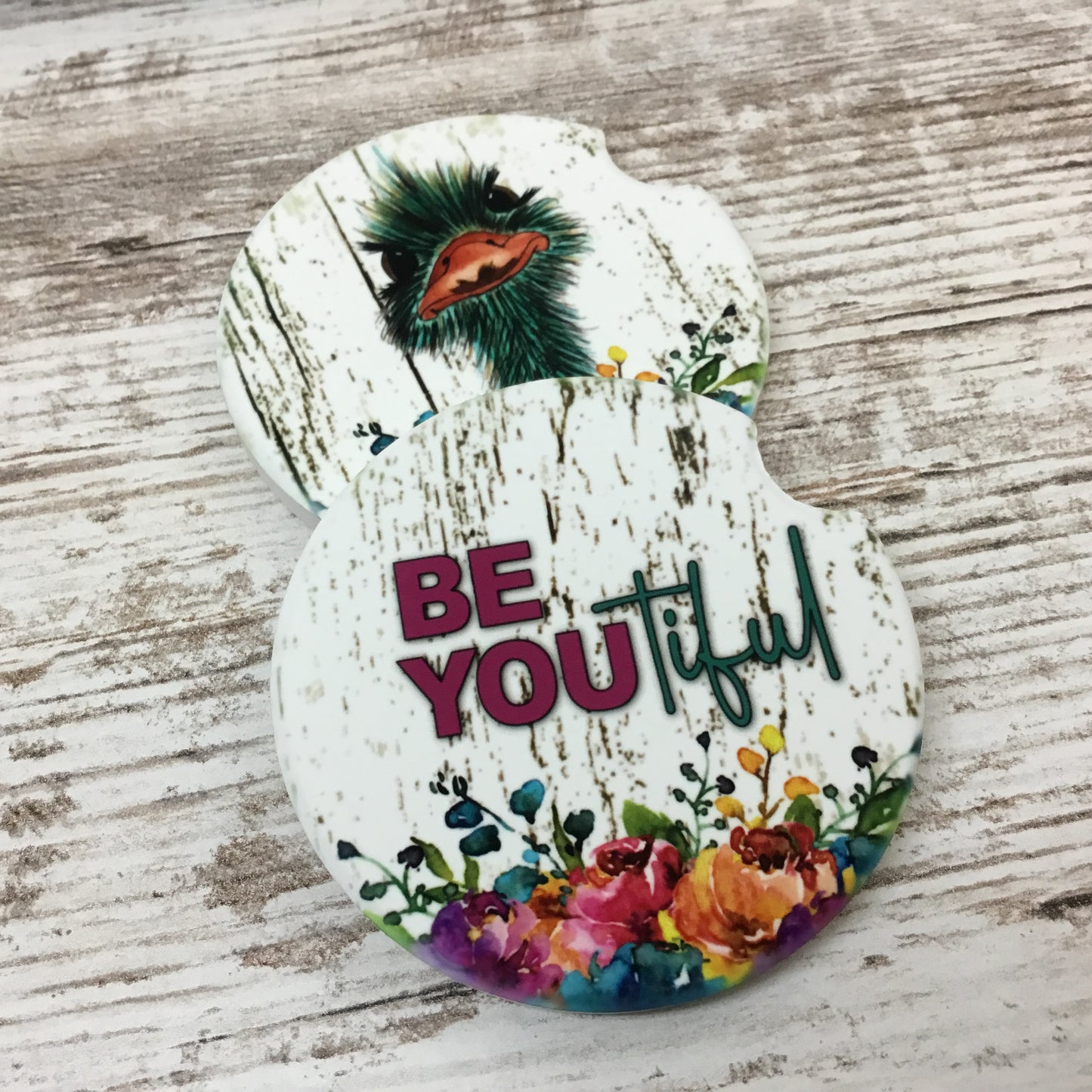 Ostrich BE YOU tiful Floral Car Coasters Set of 2