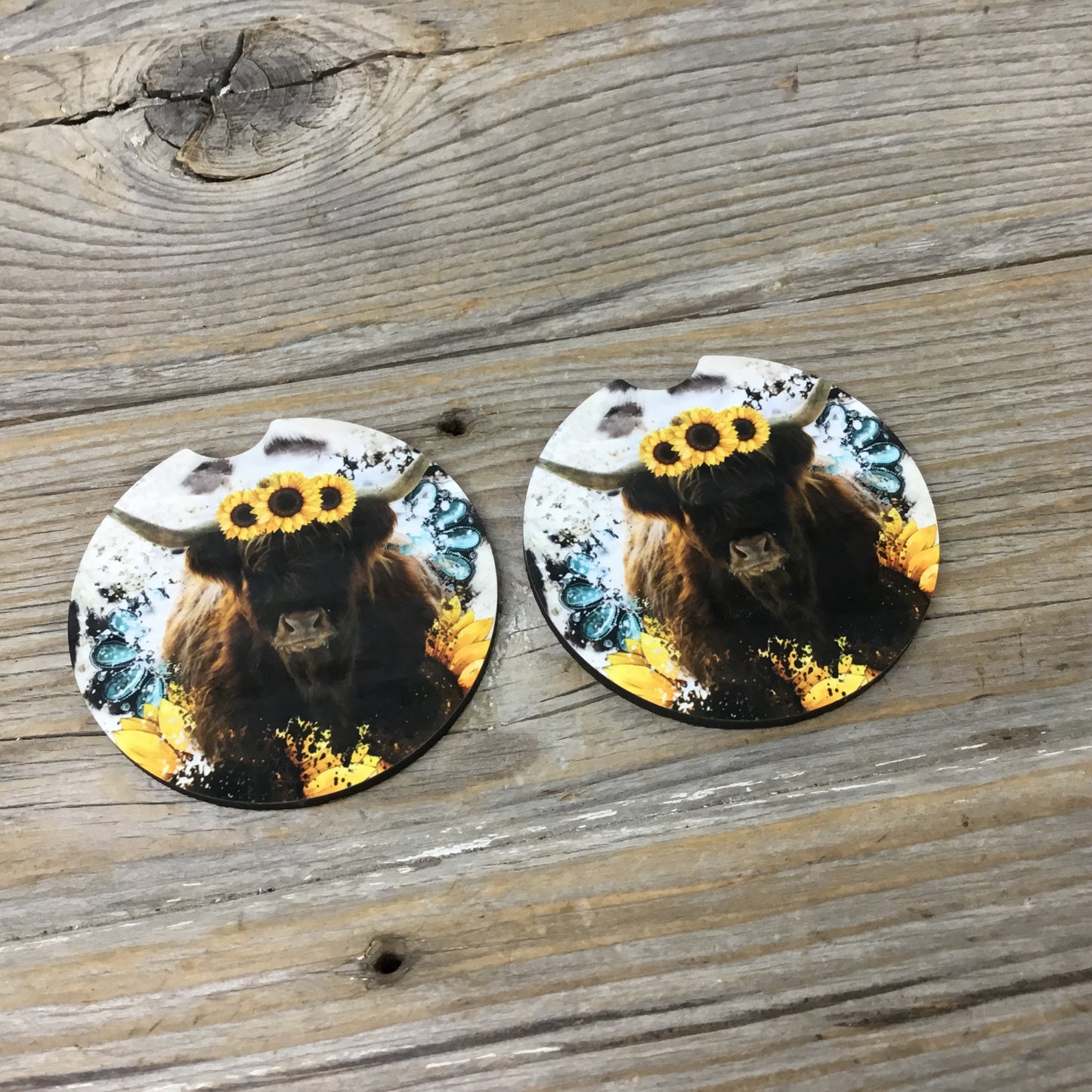 Highland Cow Sunflower Rustic Boho Car Coasters, Set of 2