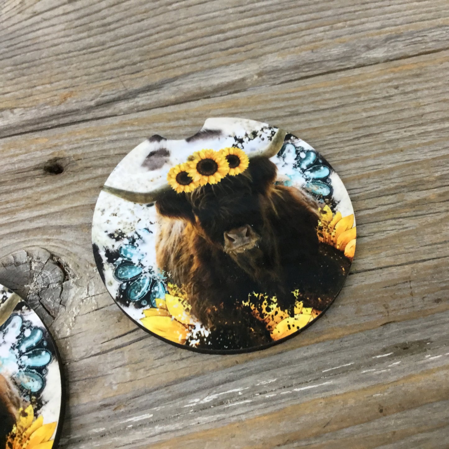 Highland Cow Sunflower Rustic Boho Car Coasters, Set of 2