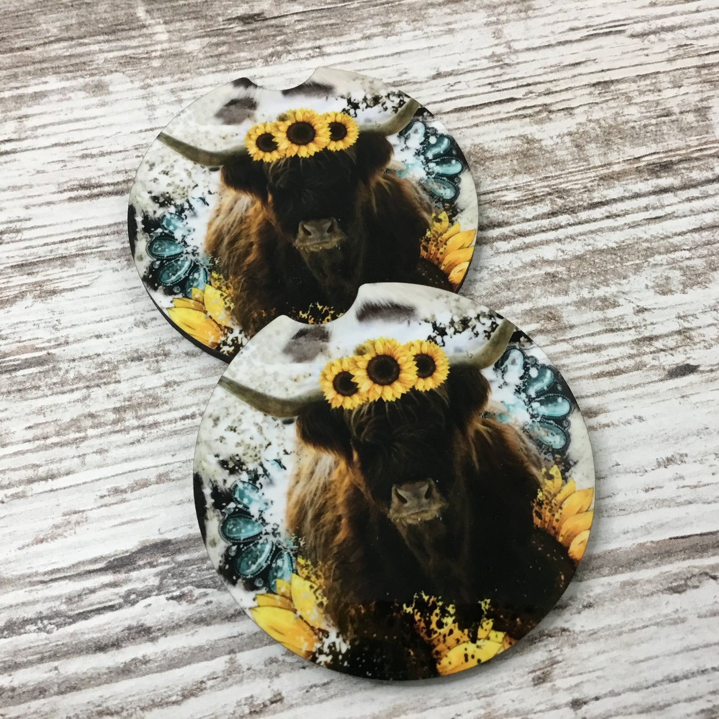 Highland Cow Sunflower Rustic Boho Car Coasters, Set of 2