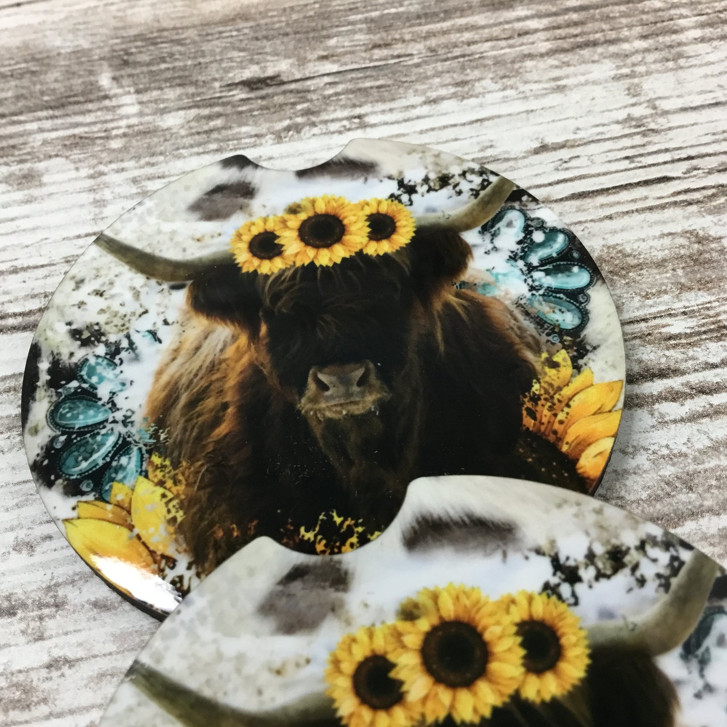 Highland Cow Sunflower Rustic Boho Car Coasters, Set of 2