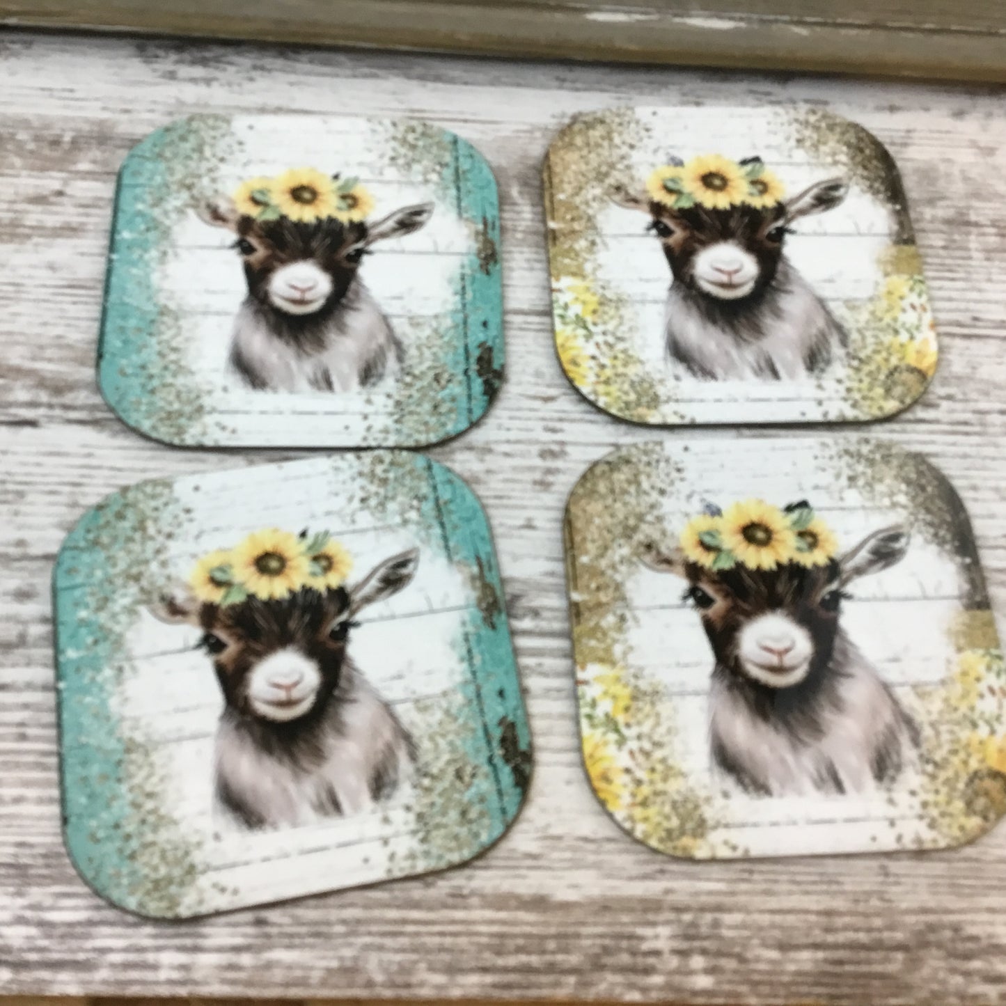 Rustic Sunflower Goat Coasters, Set of 4