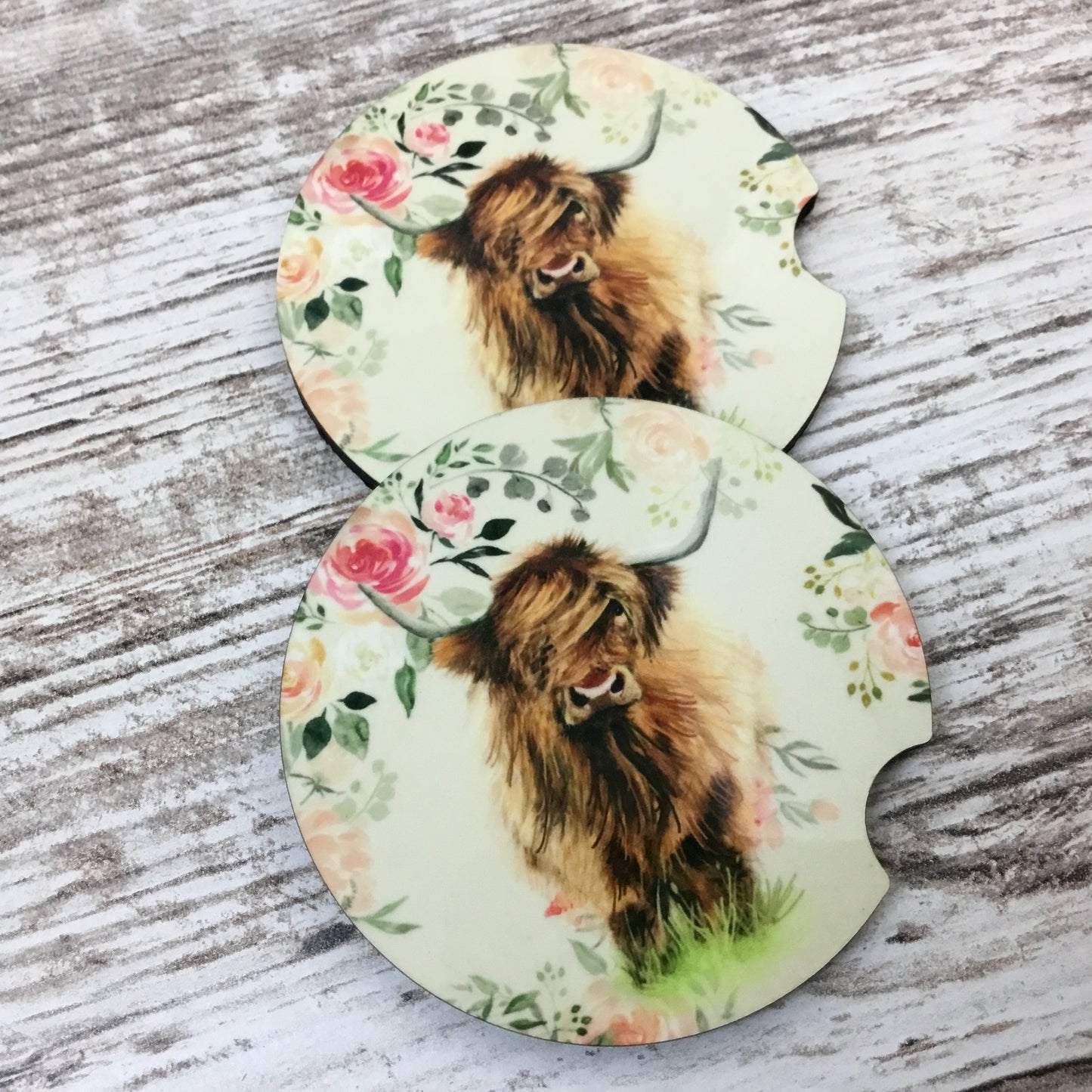 Floral Highland Cow Car Coasters, Set of 2