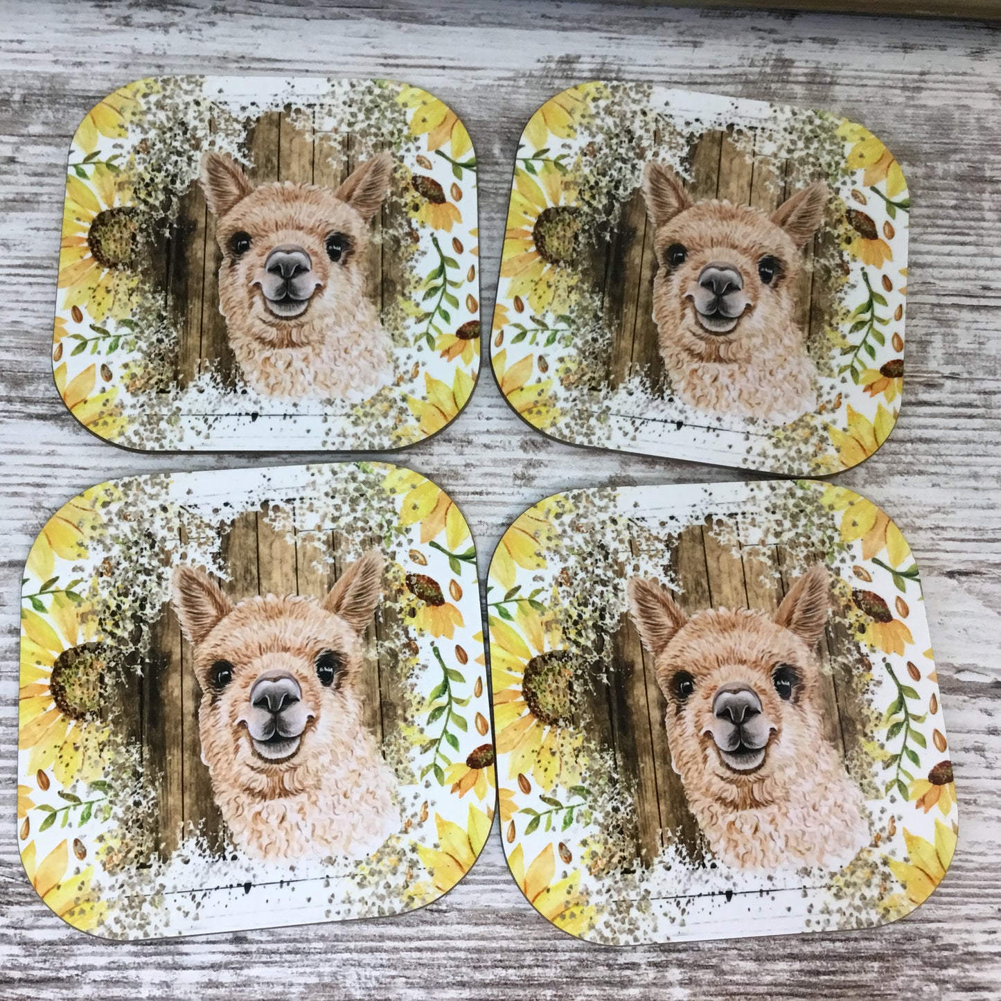 Sunflower Alpaca Rustic Wood Hardboard Coasters, Set of 4