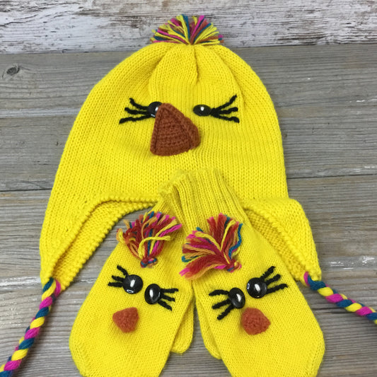 Chicken Alpaca Kids Hat & Mittens Set - Bright Yellow Fun Winter Set