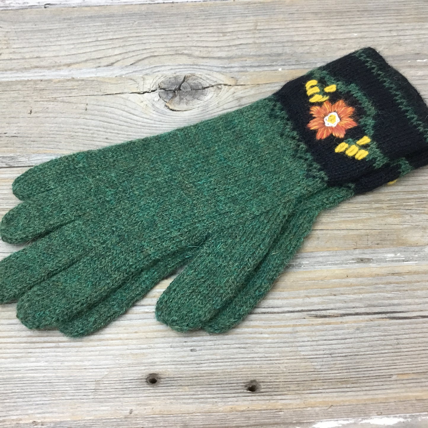 Green Alpaca Leaf Gloves flat lay