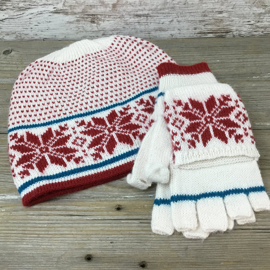 Norwegian snowflake alpaca hat and glittens set in natural, red, and blue jade.