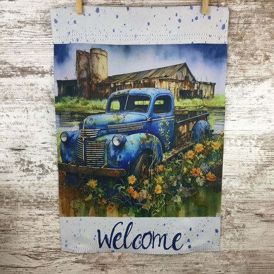 Vintage Blue Truck on the Farm Garden Flag