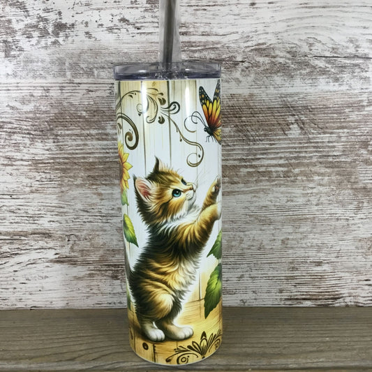 Country Kitten Butterfly Sunflower 20 oz Skinny Tumbler