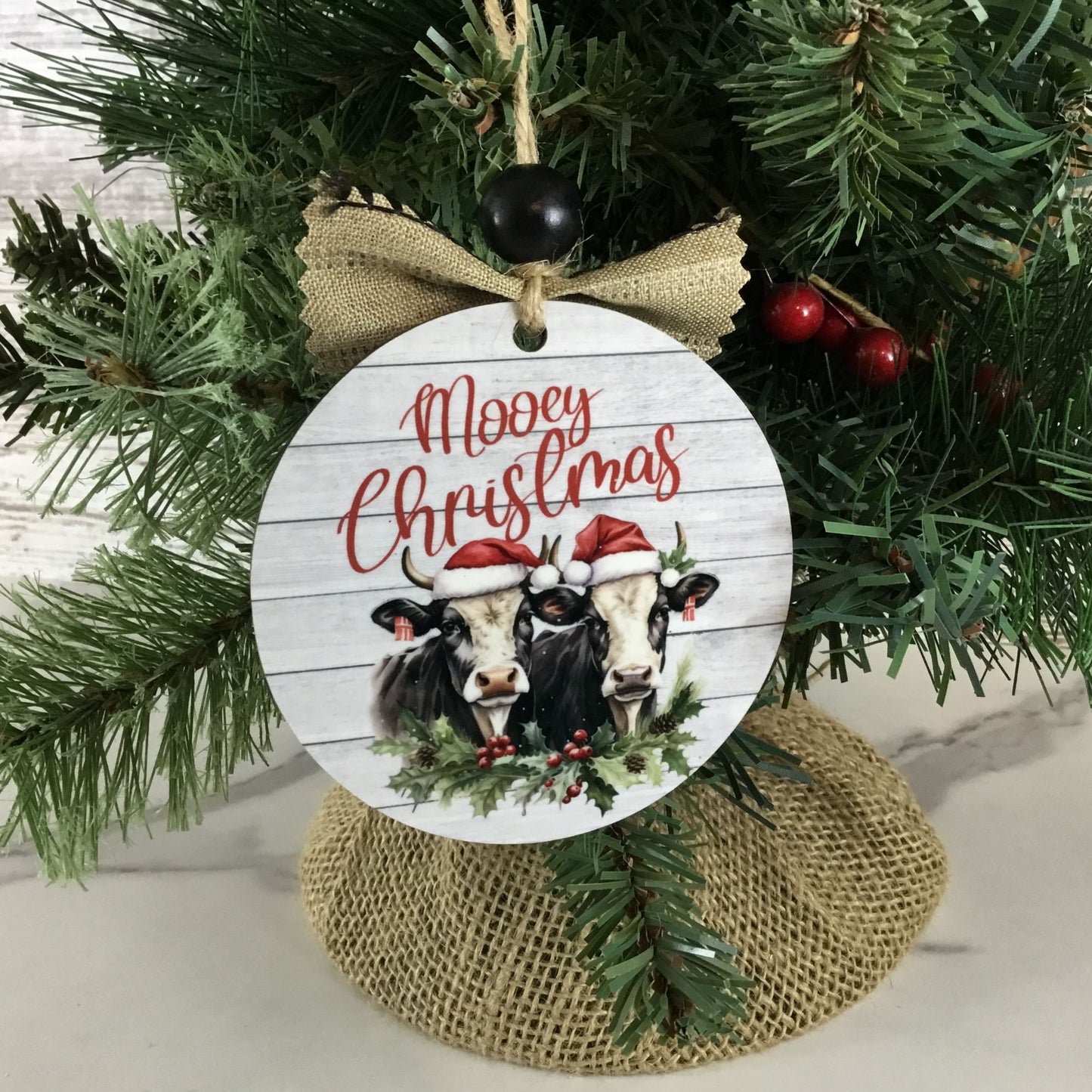 Mooey Christmas Cow 3.5" Round Wooden Christmas Ornament