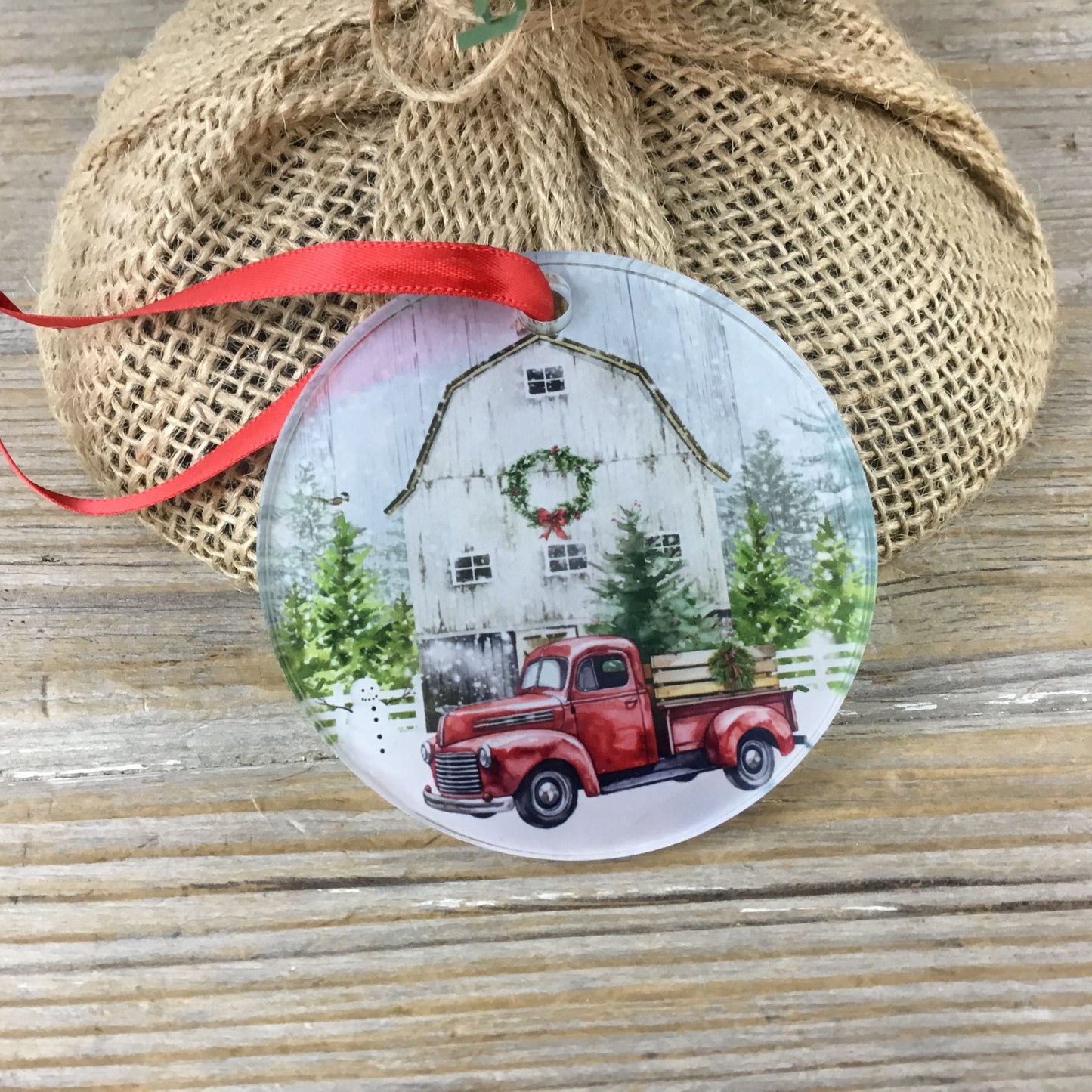 Red Truck Winter Farm Christmas Ornament