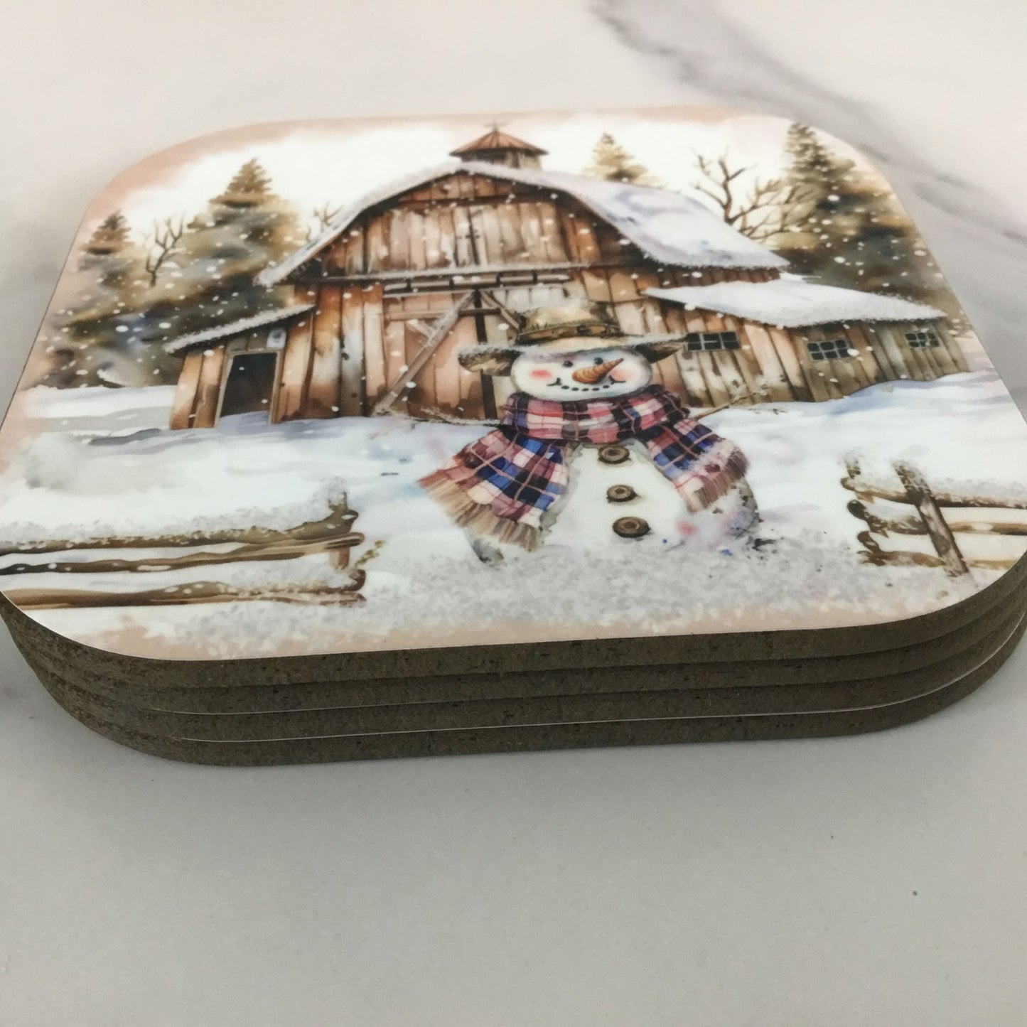 Rustic Country Snowman Wood Hardboard Coasters Set of 4