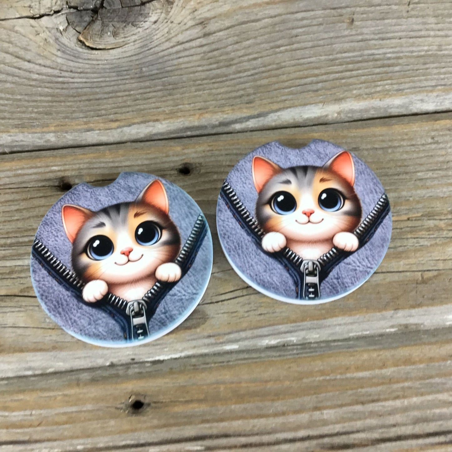 Cat Peek-a-Boo Zipper Car Coasters Set of 2