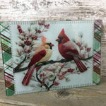 Cardinals on Festive Plaid Glass Cutting Board 