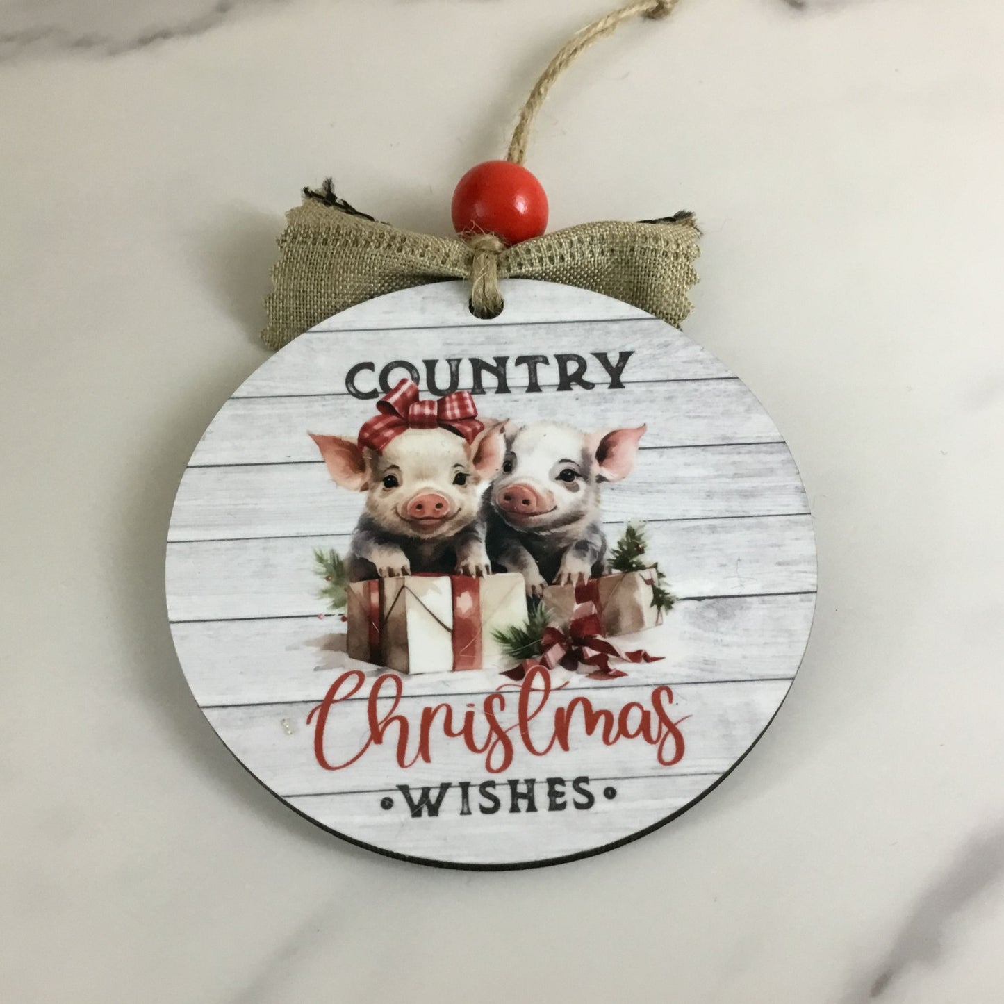 Pig Country Christmas Wishes Round Rustic Christmas Ornament