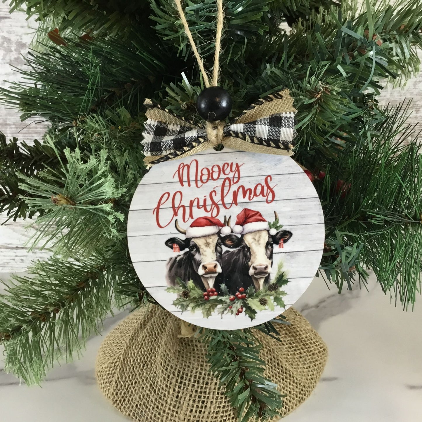 Mooey Christmas Cow 3.5" Round Wooden Christmas Ornament