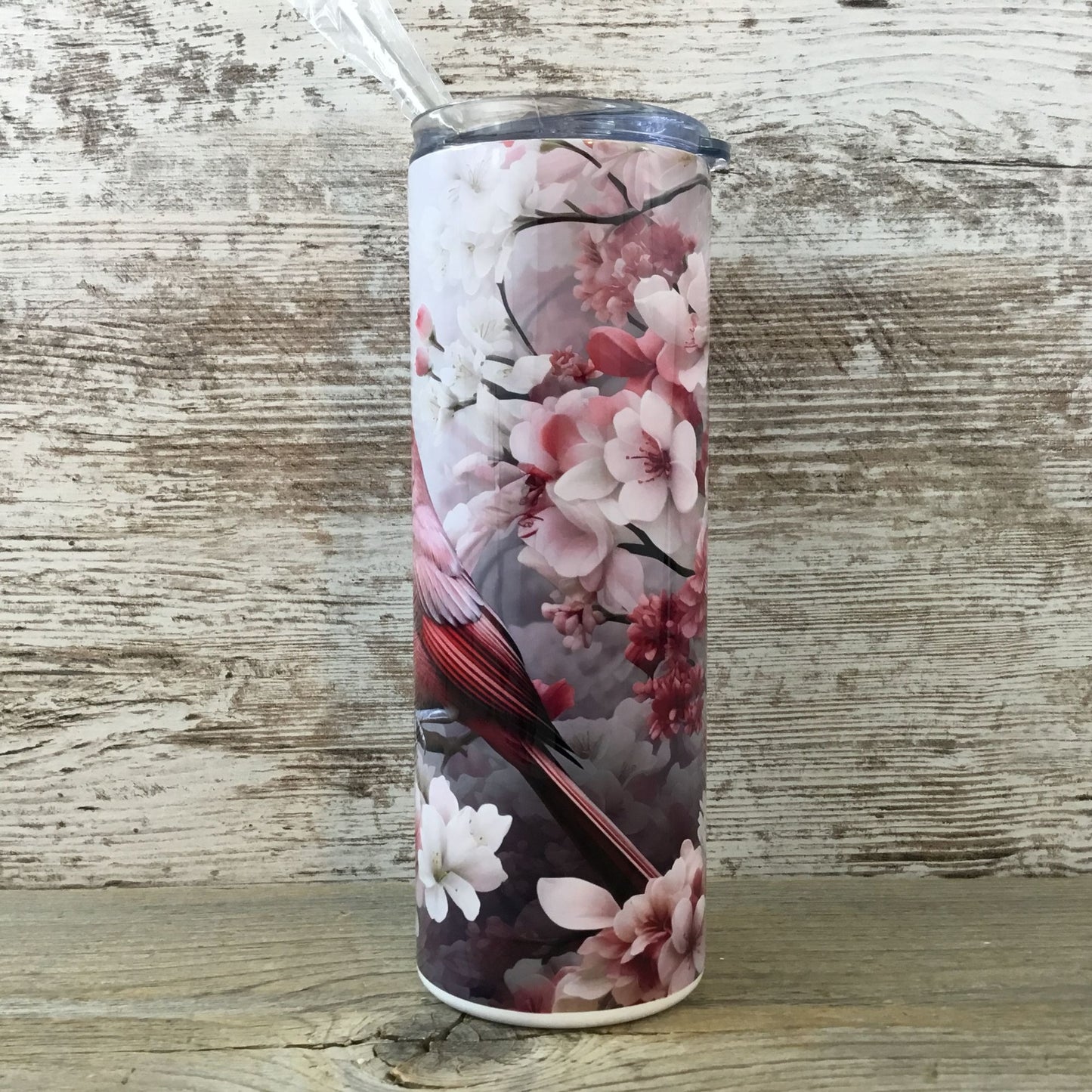 Male Cardinal and Flowers 20 oz Skinny Tumbler