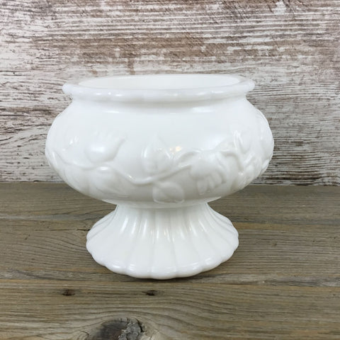 Vintage Anchor Hocking Milk Glass Ivy Rose Floral Pedestal Bowl Planter Vase