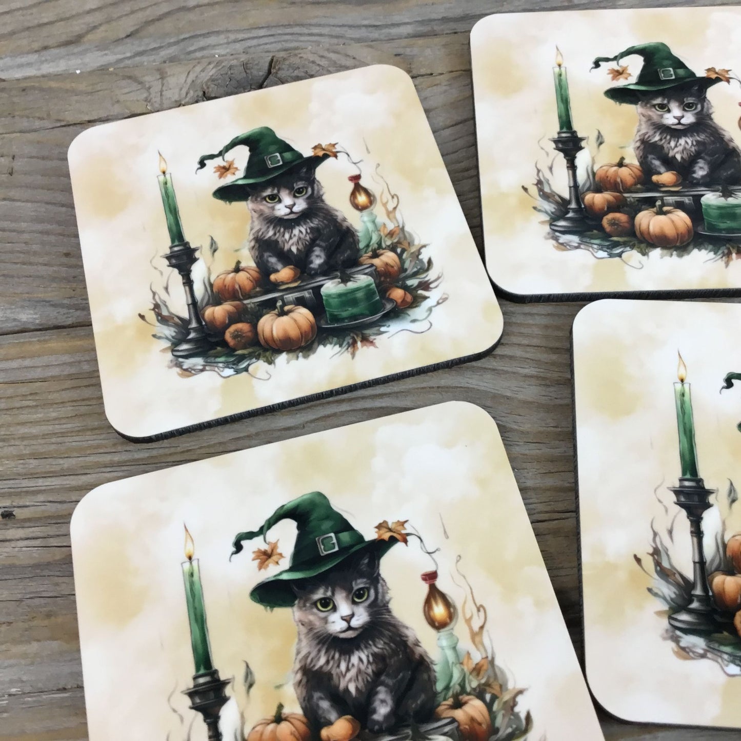 Cat Witch Halloween Drink Coasters Set of 4