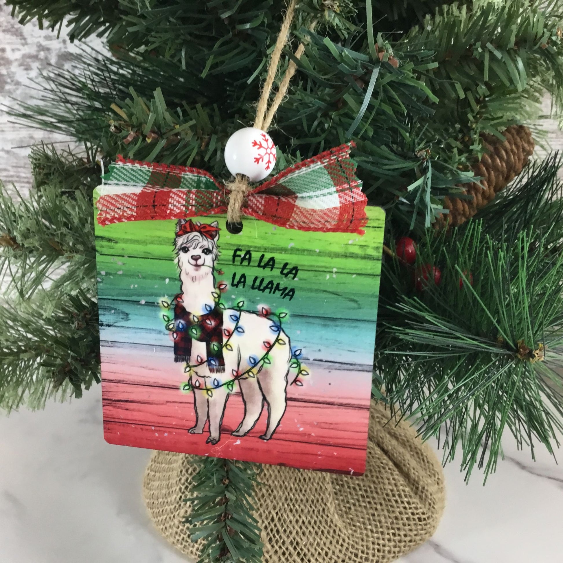 Fa La La La Llama 3.5" Square Wooden Christmas Ornament