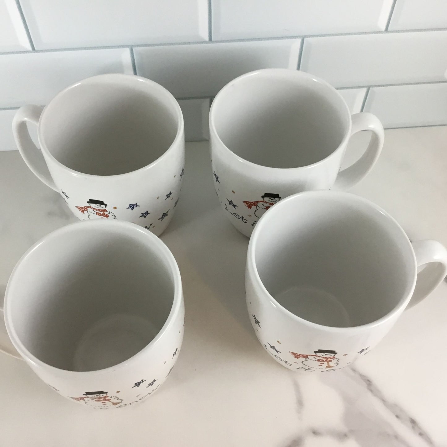 Set of 4 Corelle Frosty Morn Let It Snow Stoneware Cups Winter Snowman