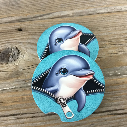 Dolphin Peek-a-Boo Zipper Car Coasters Set of 2