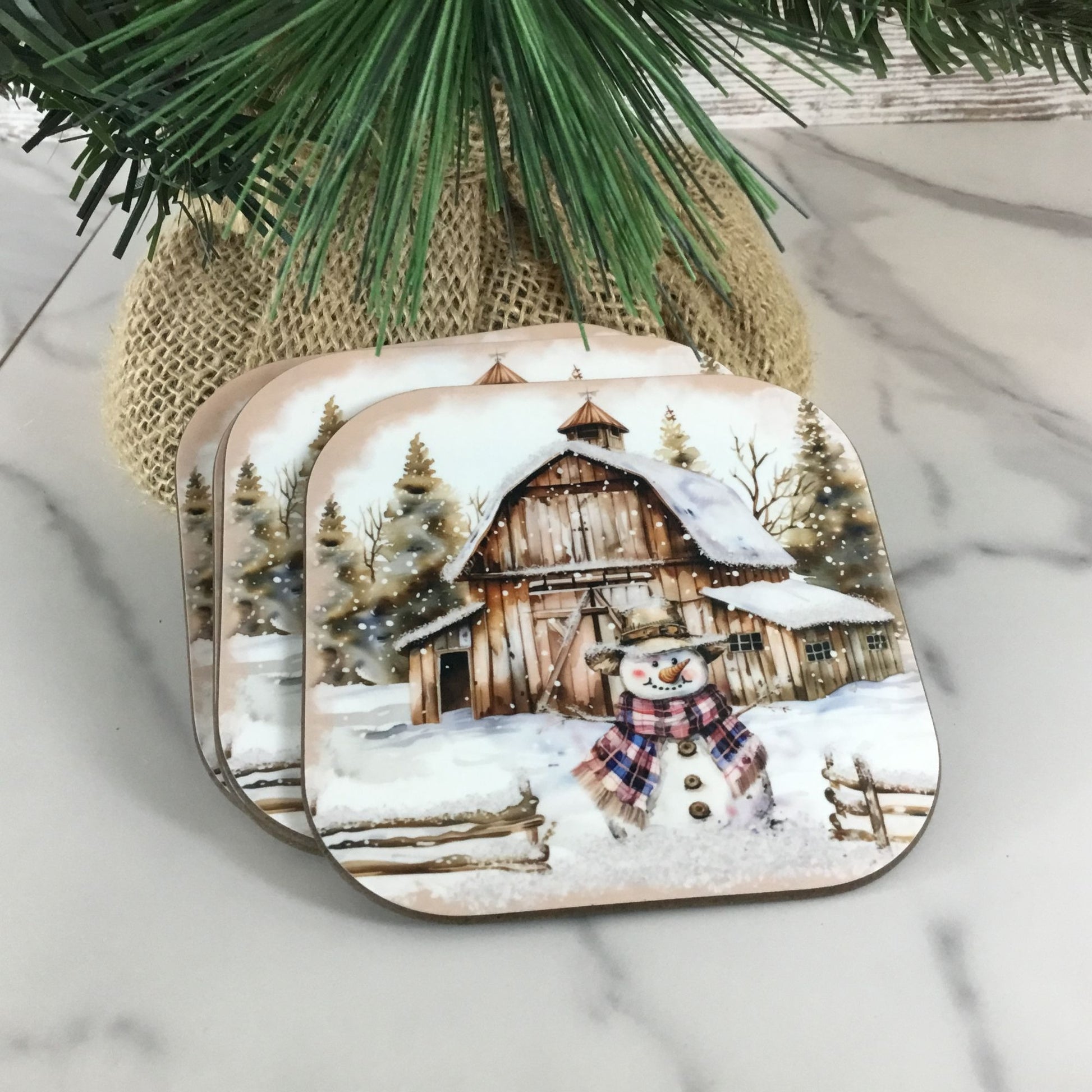 Rustic Country Snowman Wood Hardboard Coasters Set of 4