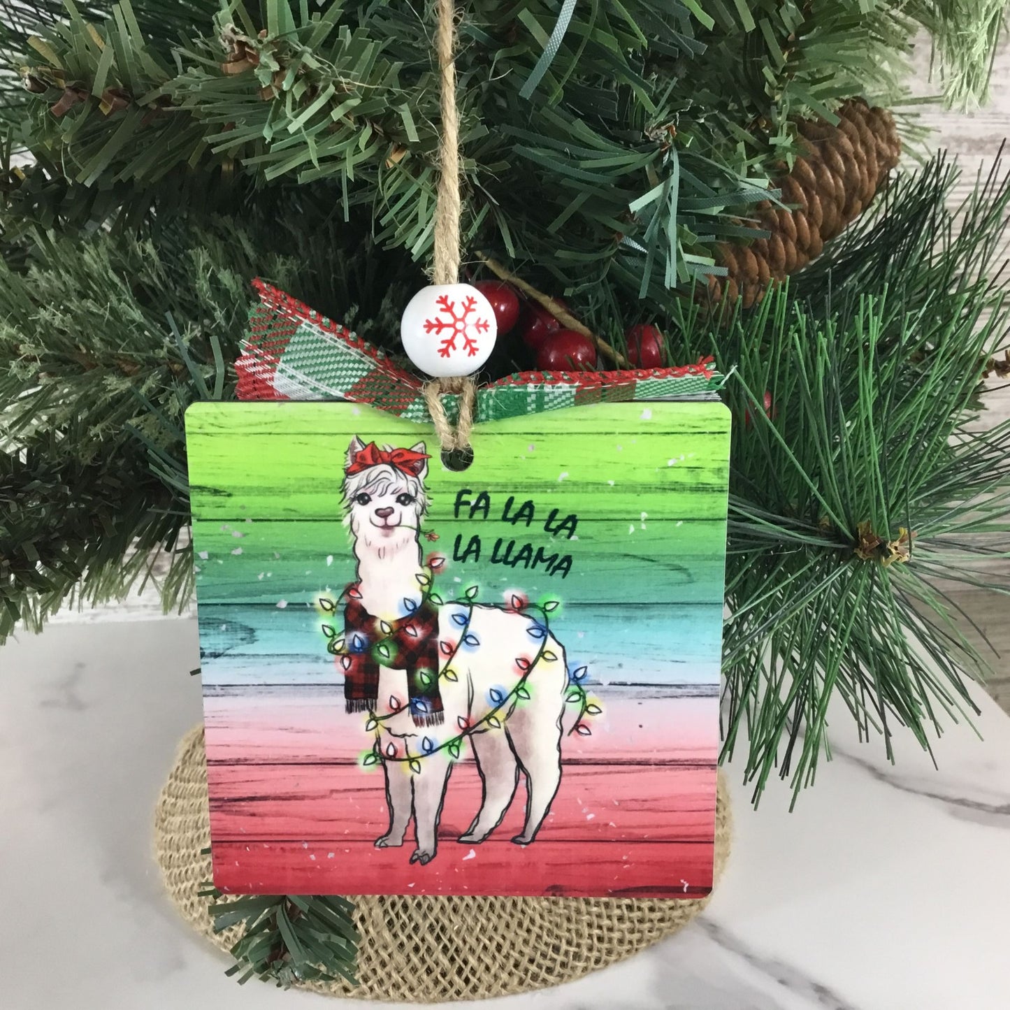 Fa La La La Llama 3.5" Square Wooden Christmas Ornament